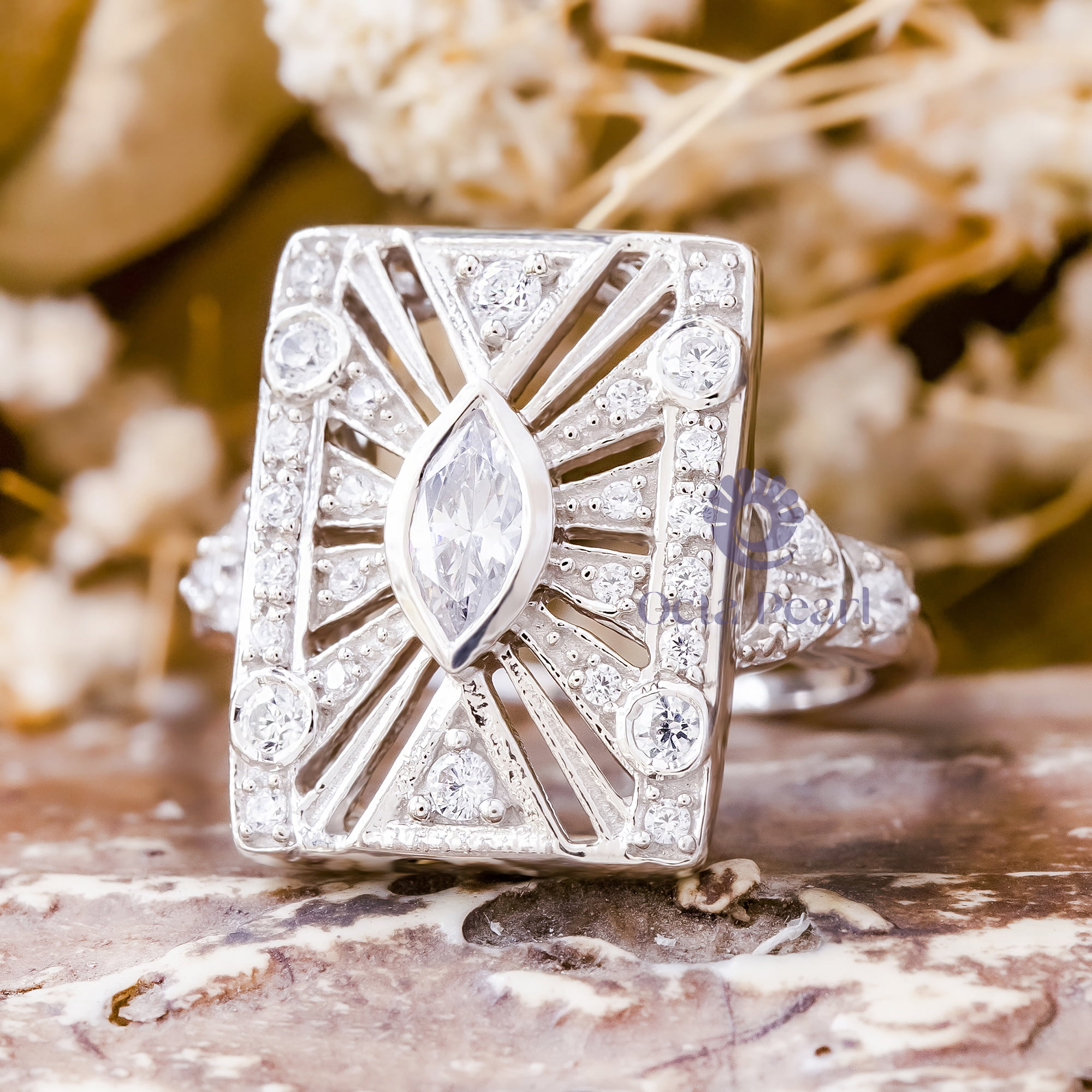 Marquise Or Round Cut CZ Stone Edwardian Art Deco Dinner Ring For Engagement ( 6/7 TCW)