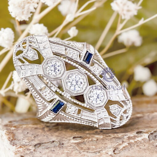 Round & Baguette Blue Sapphire CZ Stone Milgrain Art Deco Navette Anniversary Ring ( 1/1 TCW)