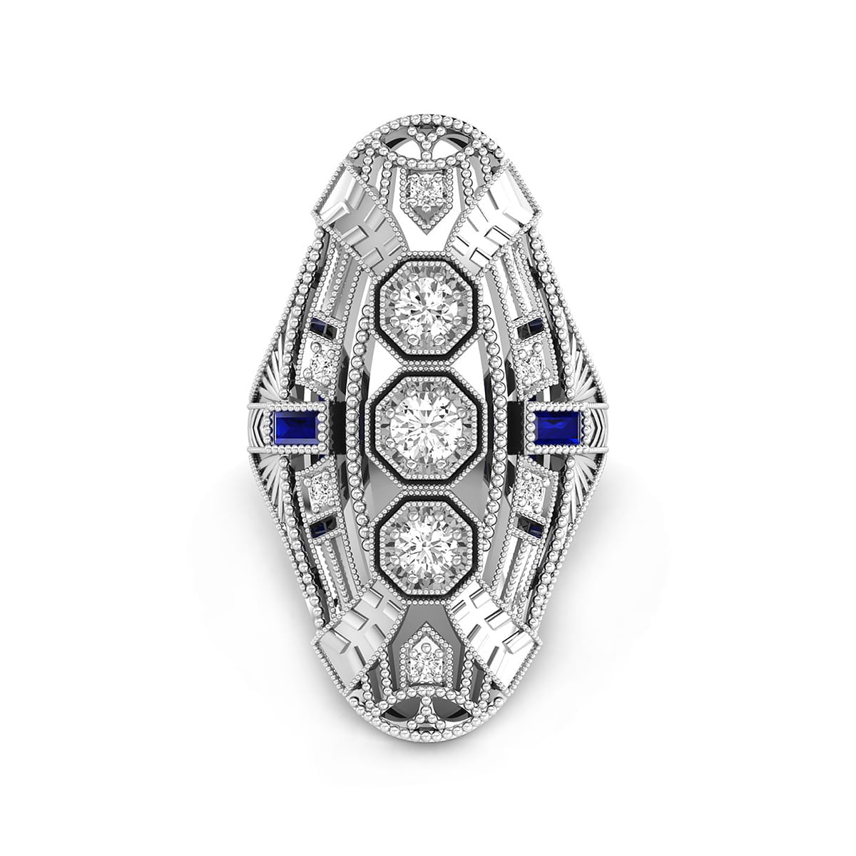 Round & Baguette Blue Sapphire CZ Stone Milgrain Art Deco Navette Anniversary Ring ( 1/1 TCW)