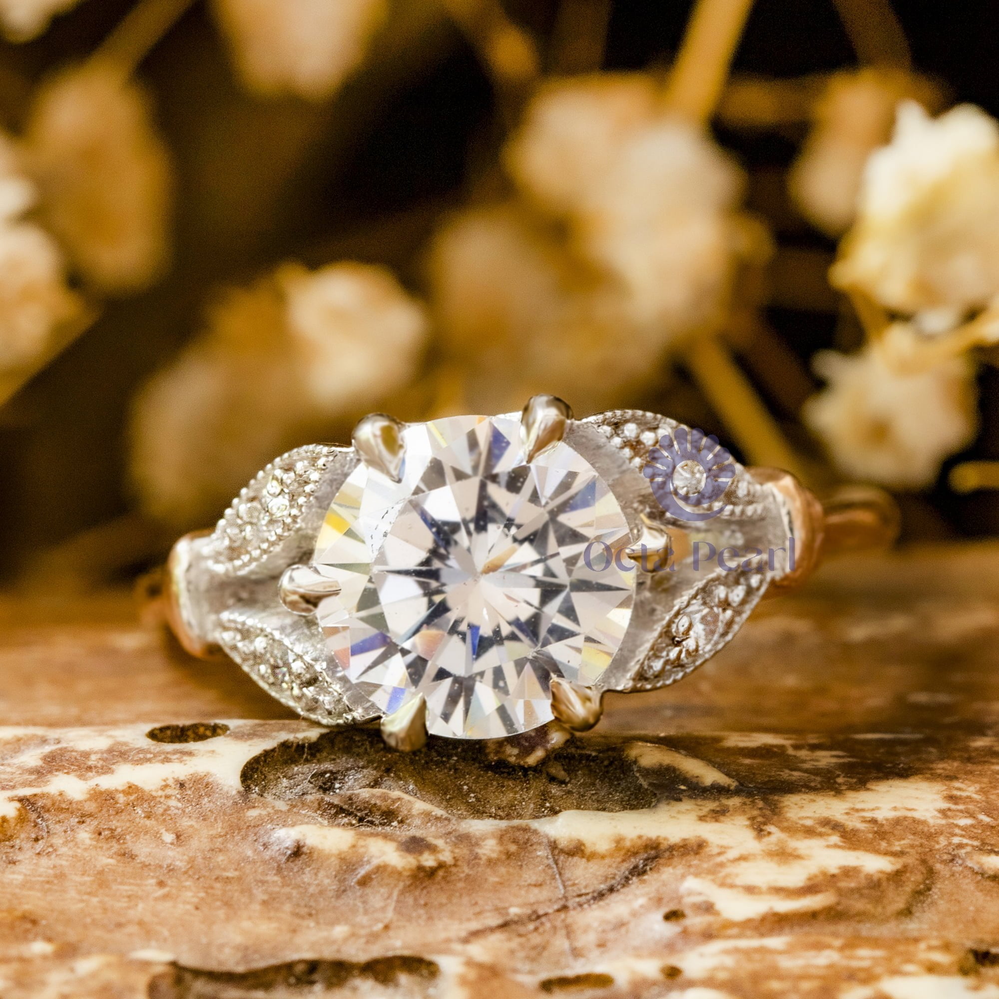 Edwardian Style Round Cut Moissanite Leaf Motif Vintage Engagement Ring ( 2 1/20 TCW)