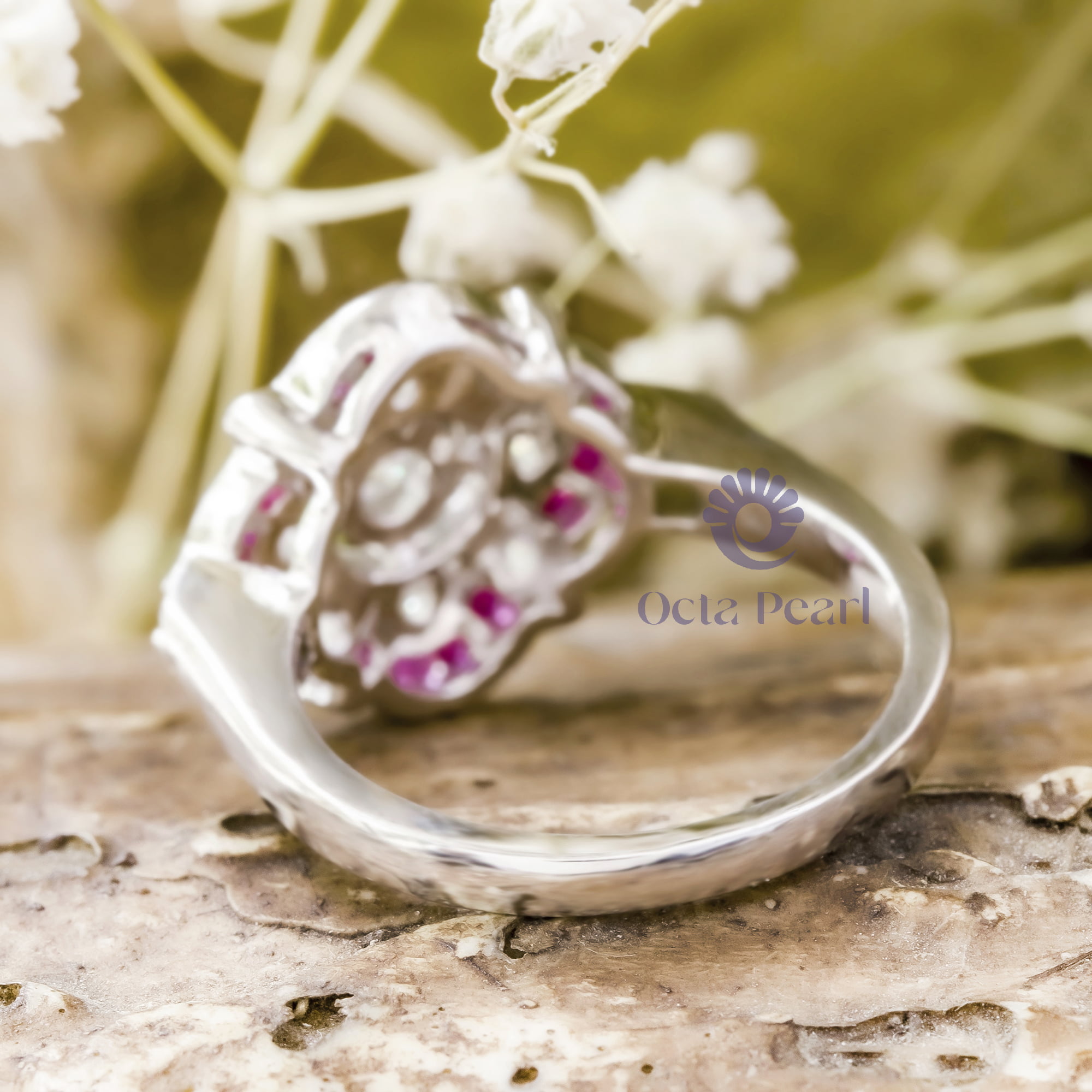 3.20 MM Round & Baguette Pink CZ Stone Bezel Set Floral Motif Vintage Engagement Ring