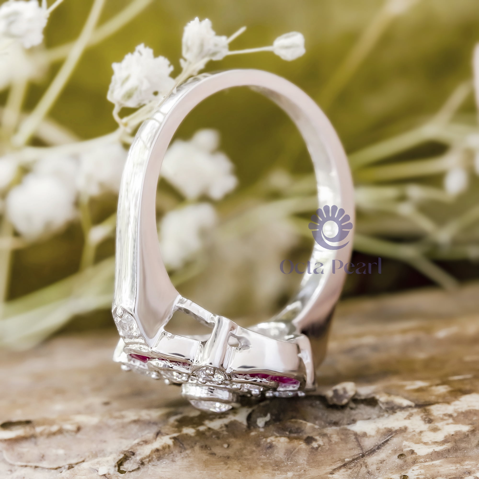 3.20 MM Round & Baguette Pink Ruby CZ Stone Bezel Set Floral Motif Vintage Engagement Ring