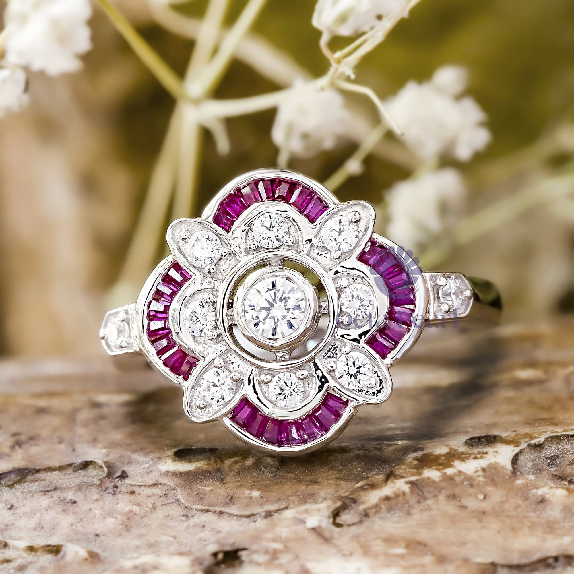 pink cz stone bezel set floral motif vintage engagement ring