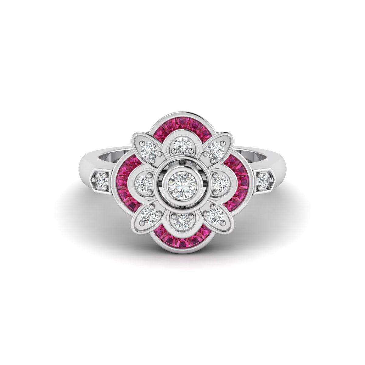 3.20 MM Round & Baguette Pink Ruby CZ Stone Bezel Set Floral Motif Vintage Engagement Ring