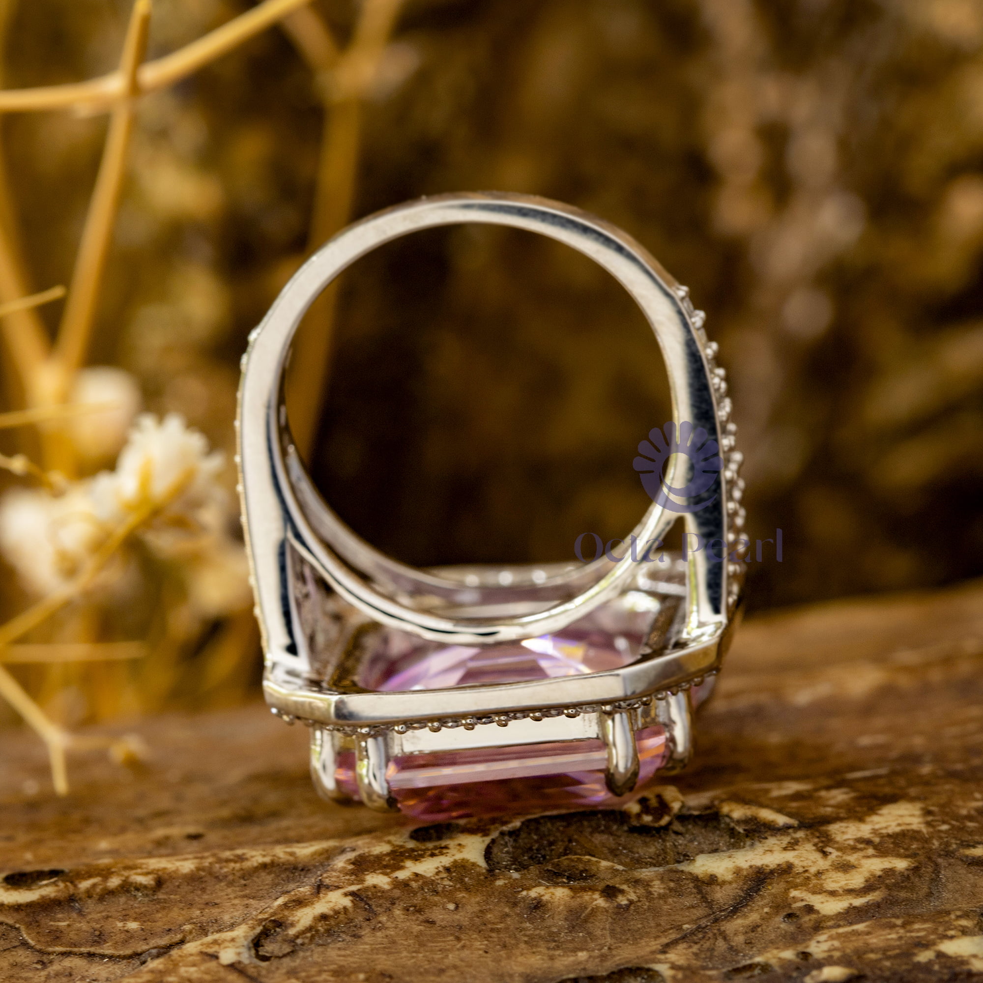 Pink Asscher Cut CZ Stone Halo- Split Shank Wedding Anniversary Gift Ring For Women ( 15 5/9 TCW)