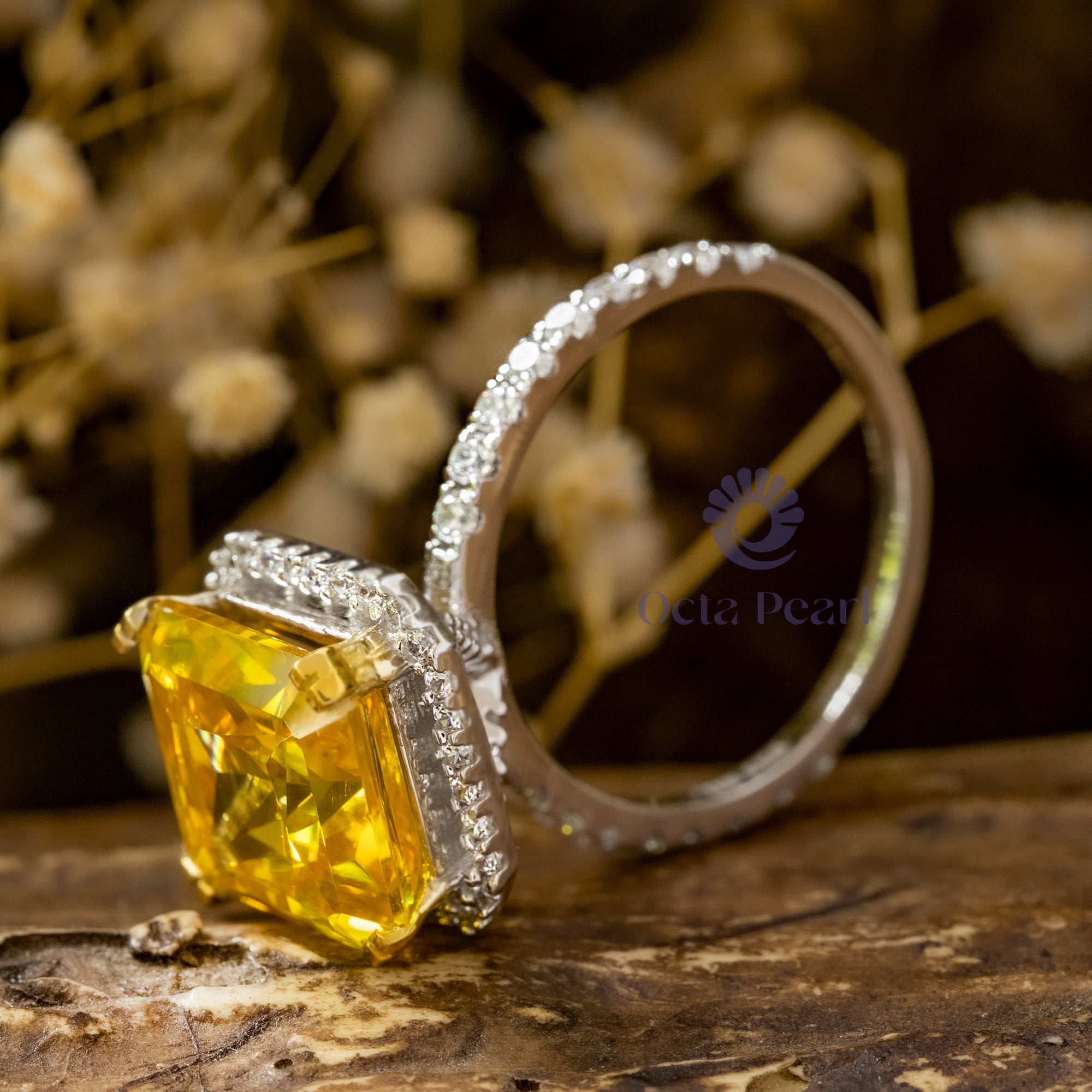 Canary Yellow Asscher Cut Or Round Cut CZ Stone Halo Wedding Engagement Ring ( 6 4/9 TCW)