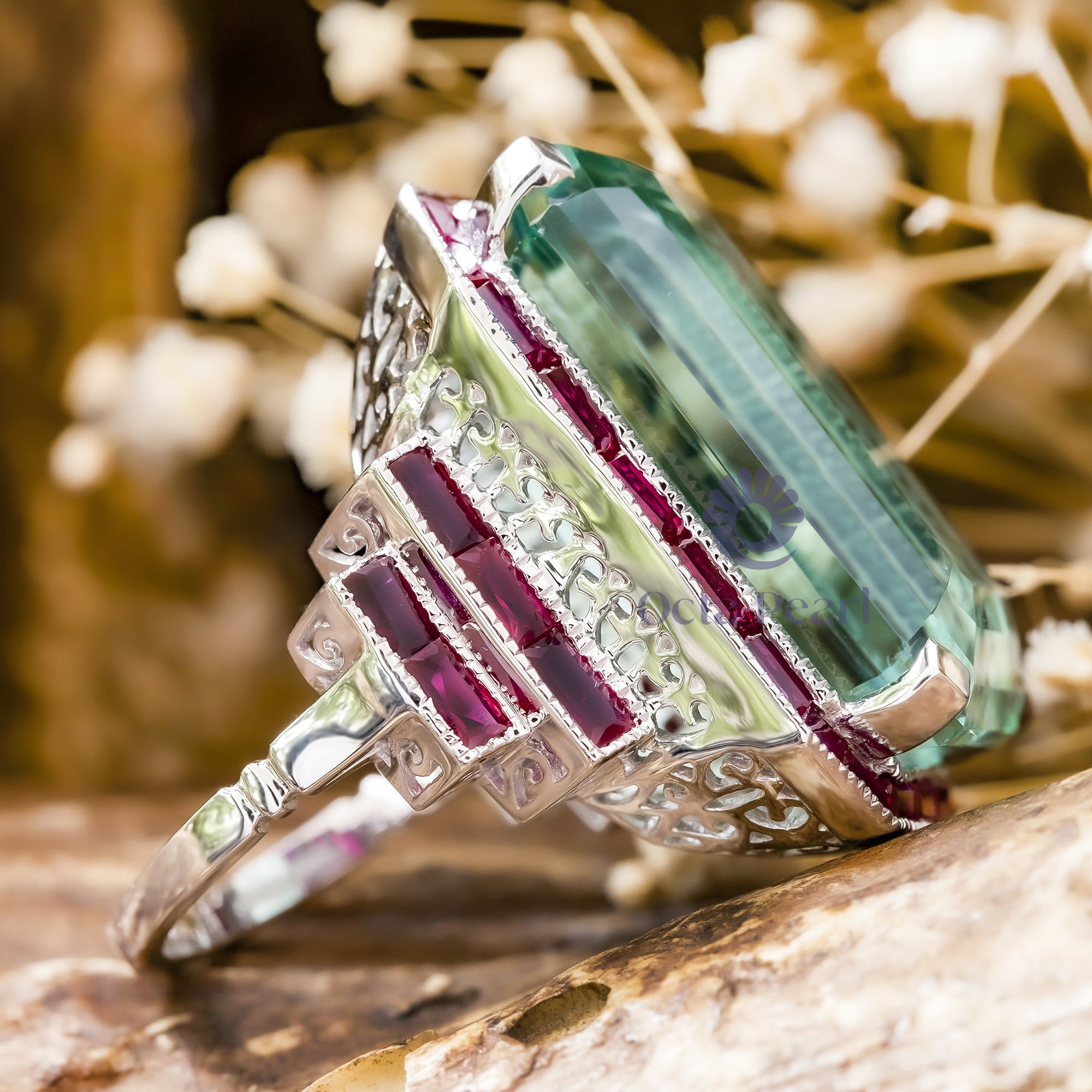Green Emerald Or Pink Baguette Cut CZ Stone Halo Filigree Art Deco Cocktail Ring For Wedding (46 1/2 TCW)