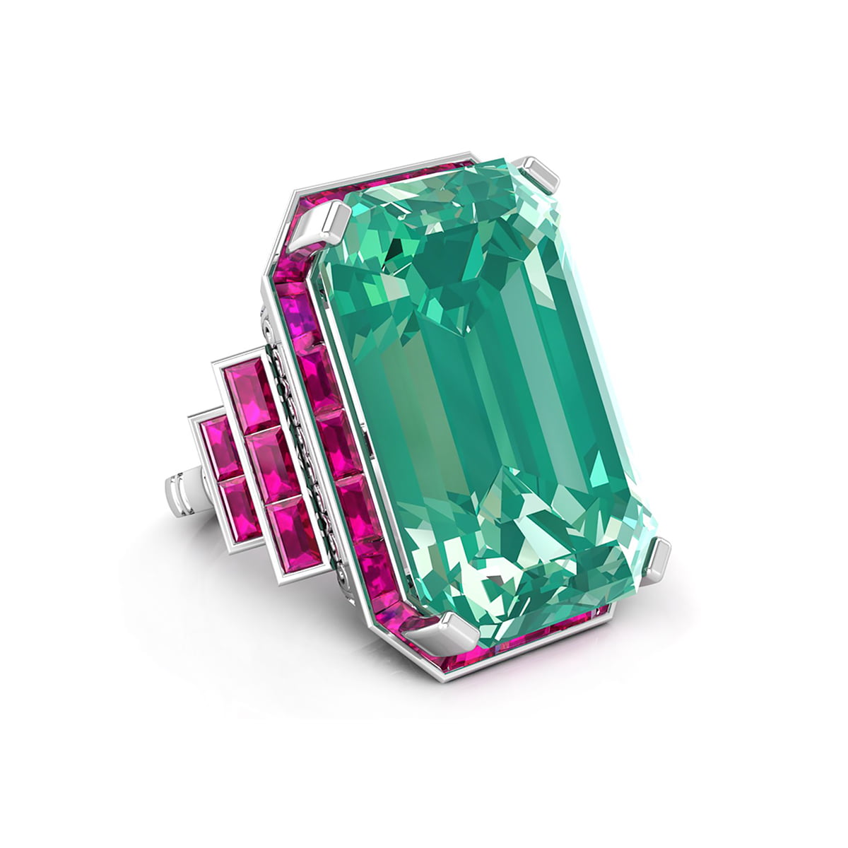 Green Emerald Or Pink Baguette Cut CZ Stone Halo Filigree Art Deco Cocktail Ring For Wedding (46 1/2 TCW)