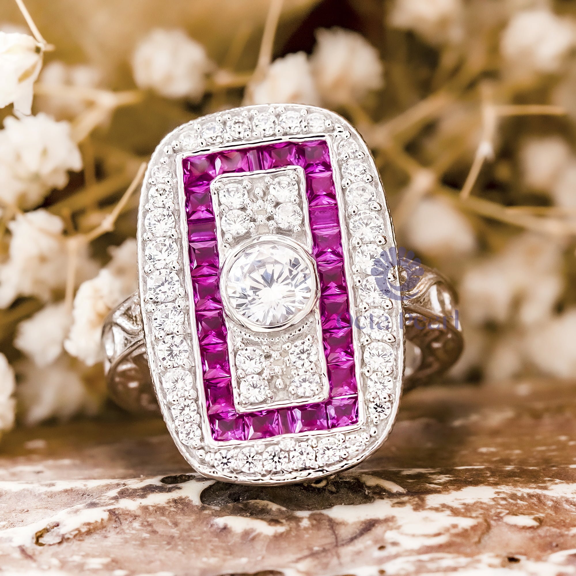 Round Cut Or Pink Baguette Cut CZ Stone Double Halo Art Deco Dinner Ring