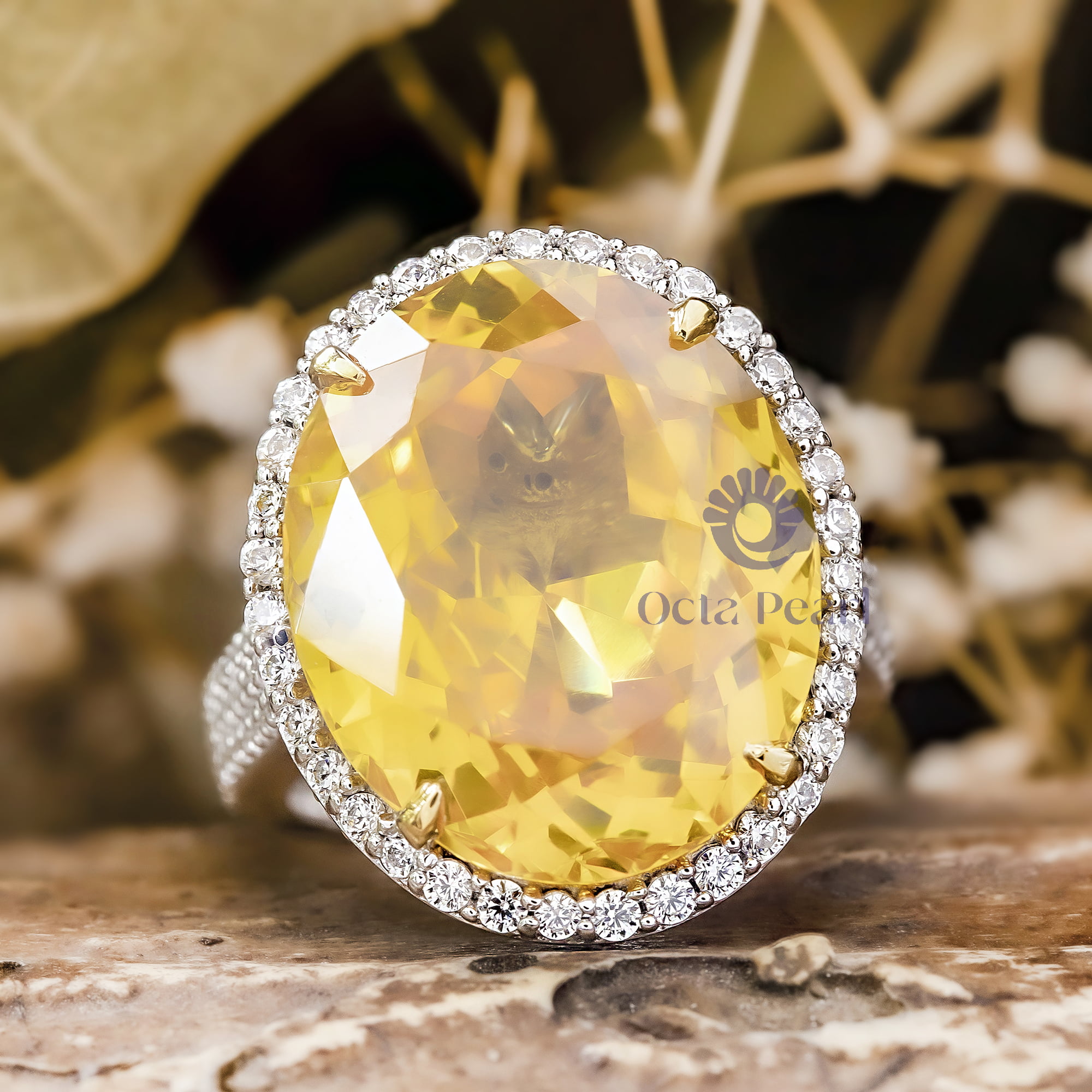 Yellow Oval & White Round Cut CZ Stone Halo Cocktail Engagement Ring ( 14 5/8 TCW)