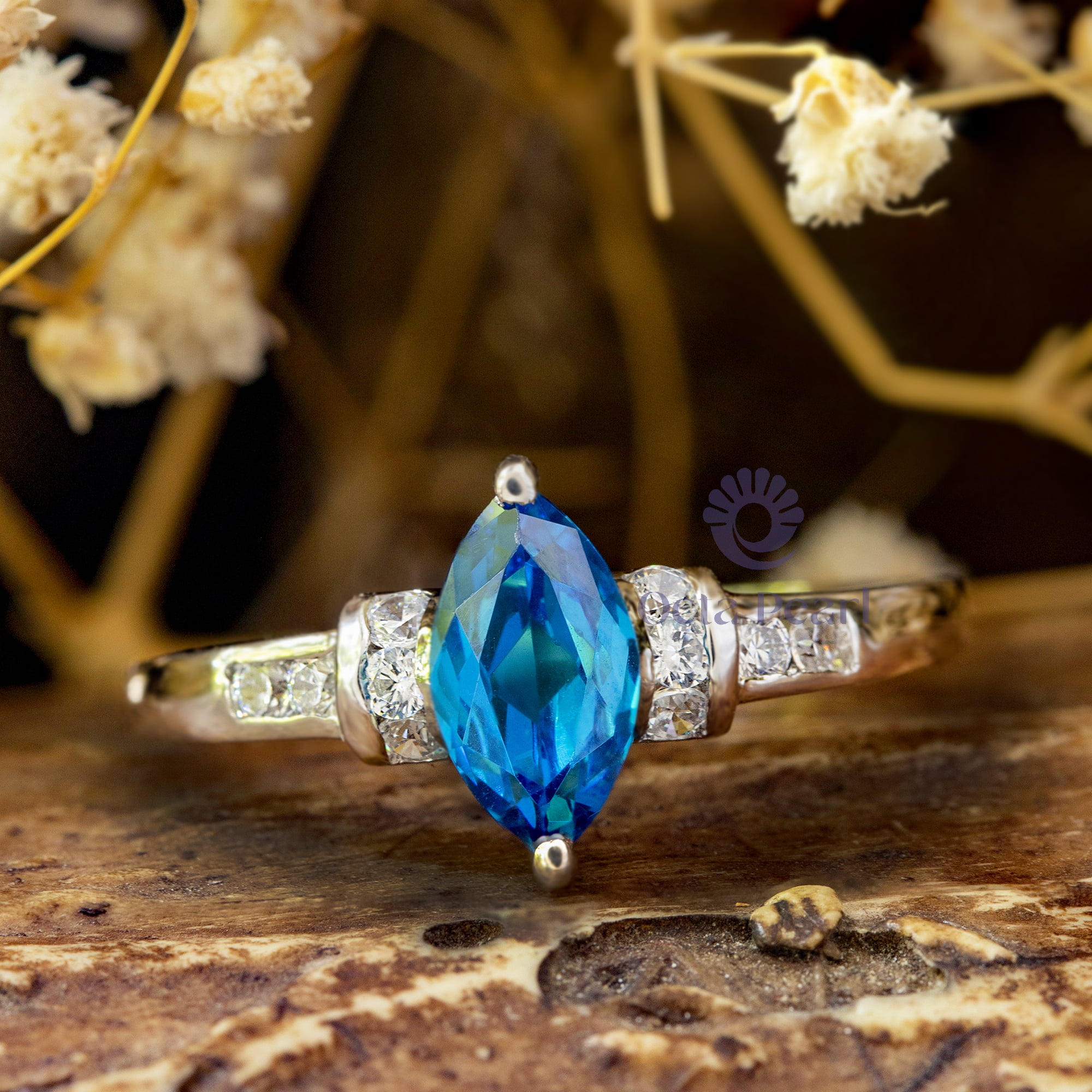 Blue Sapphire Marquise Cut CZ Stone Channel Setting Wedding Anniversary Gift Ring (1 1/3 TCW)