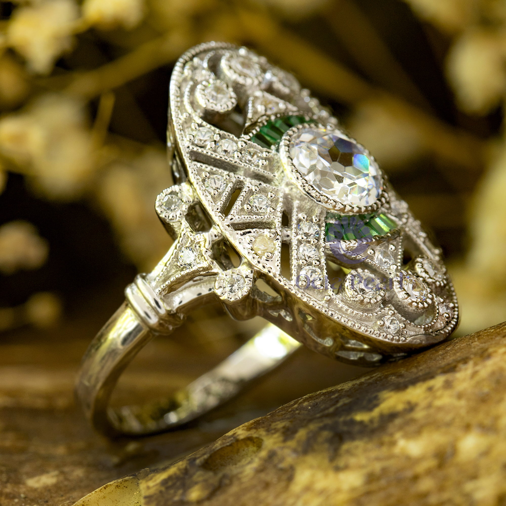 Old European Cut Or Green Baguette Cut CZ Stone Milgrain Bezel Set Art Deco Navette Engagement Ring