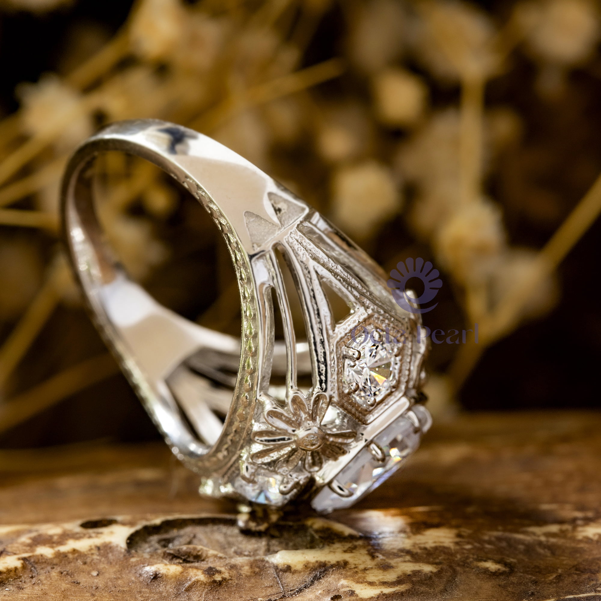 Old European Cut Moissanite Milgrain Floral Motif Art Deco Engagement Ring ( 2 1/7 TCW)