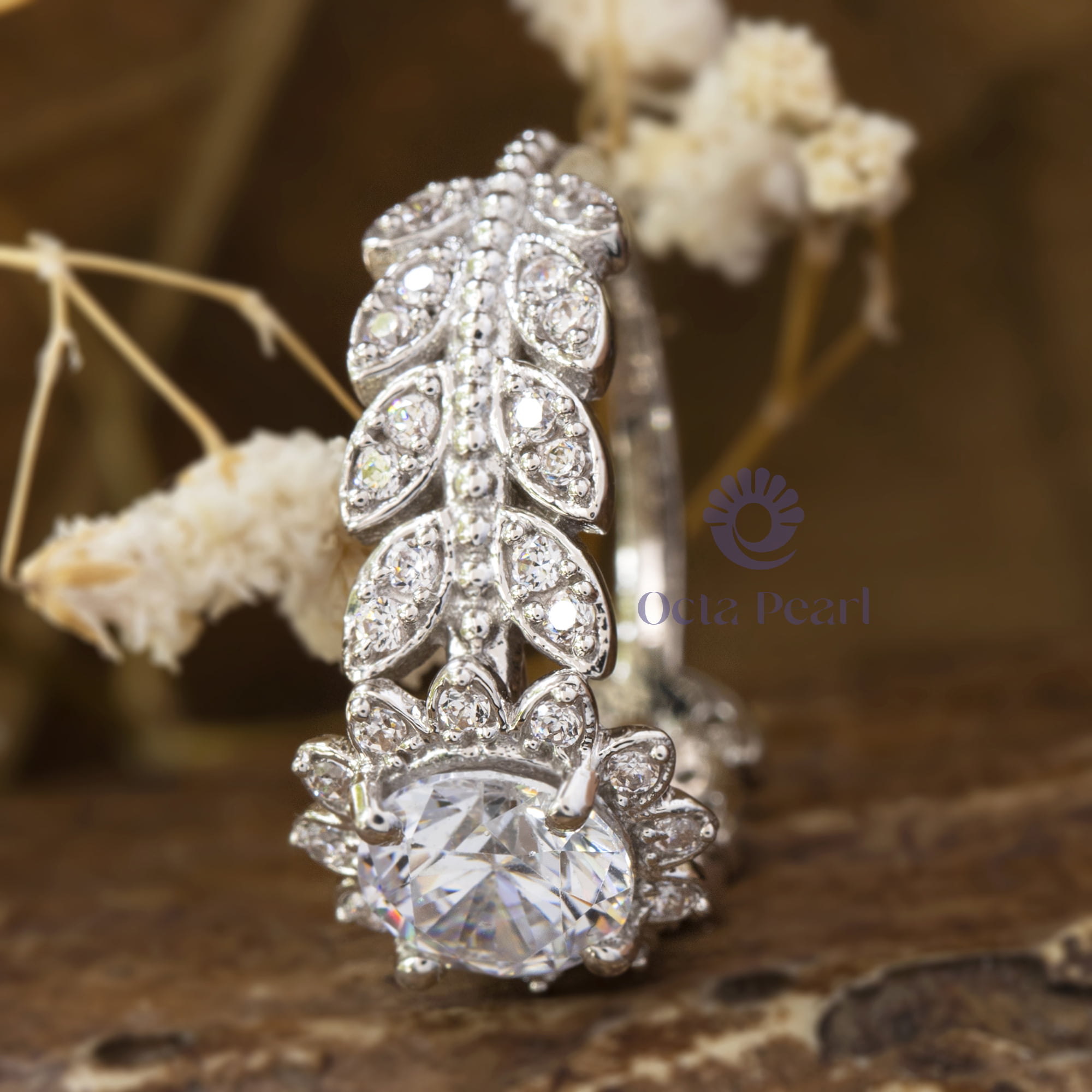 Round Cut Moissanite Floral- Leaf Motif Nature Inspire Engagement Ring ( 1 5/8 TCW)