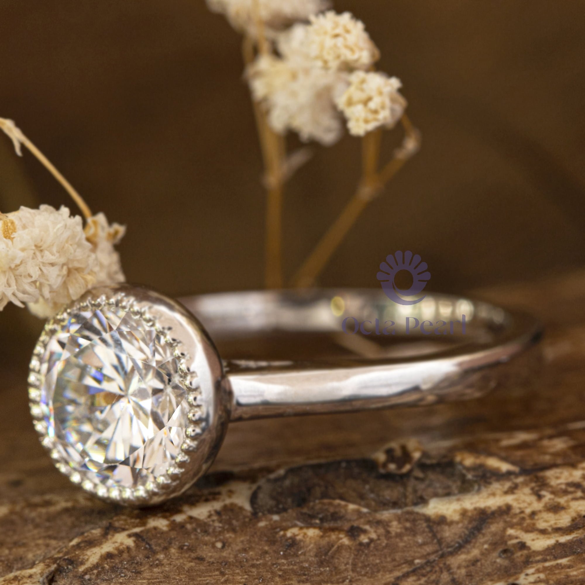 Milgrain Bezel Set Round Cut Moissanite Solitaire Wedding Proposal Ring ( 2 3/7 TCW )