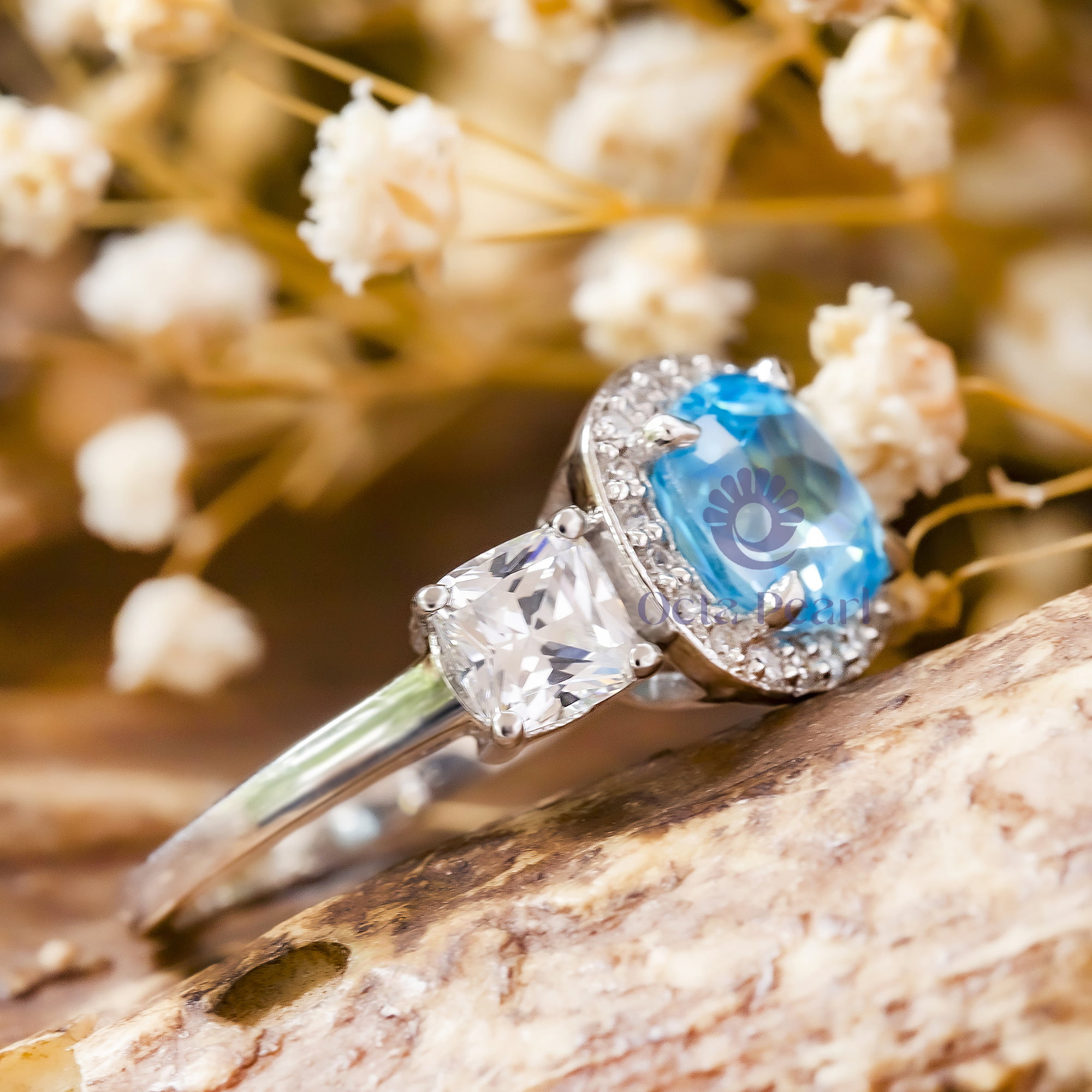Cushion Cut Aqua Or White CZ Stone Three Stone-Halo Wedding Anniversary Gift Ring ( 3 1/12 TCW)