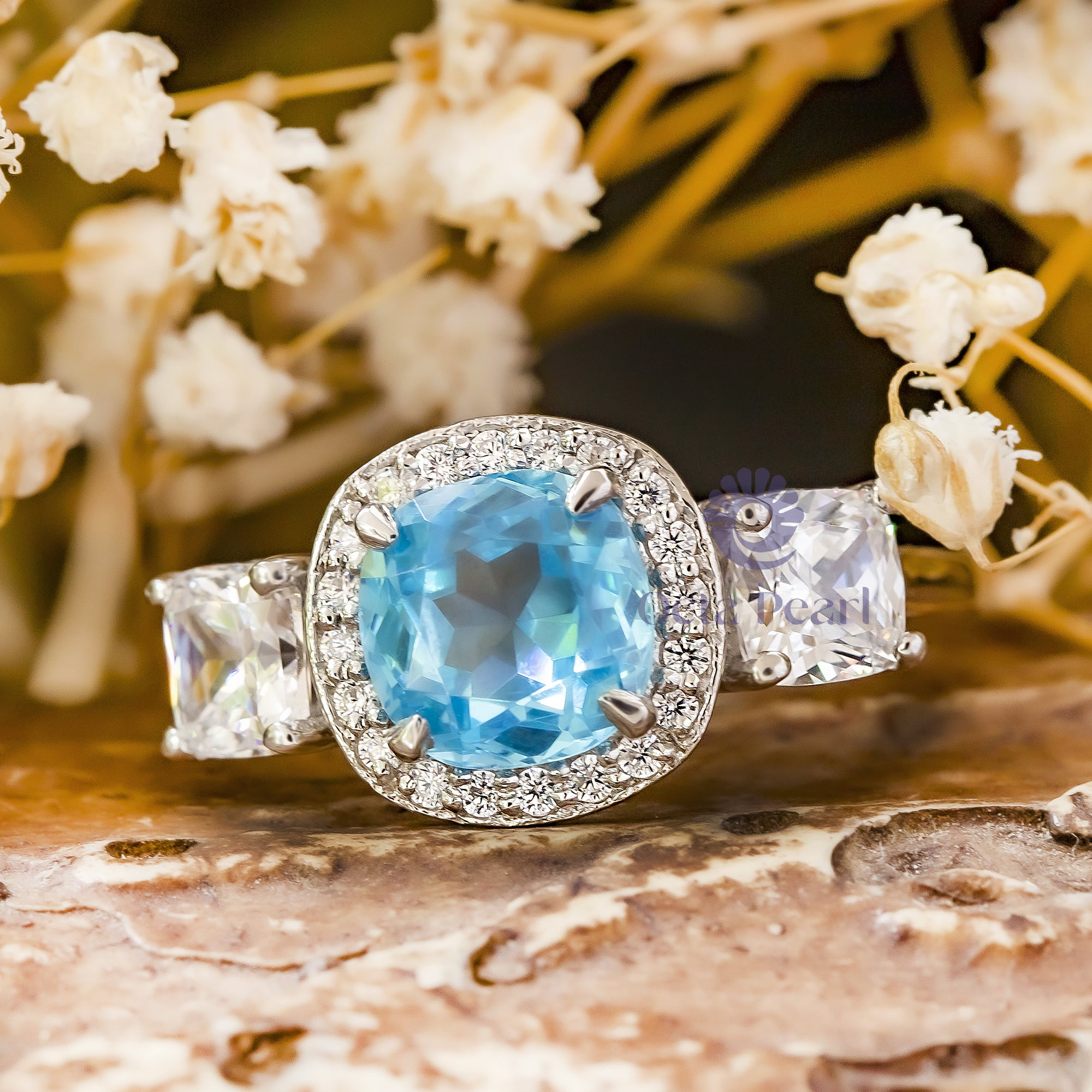 aquamarine tri-stone wedding ring