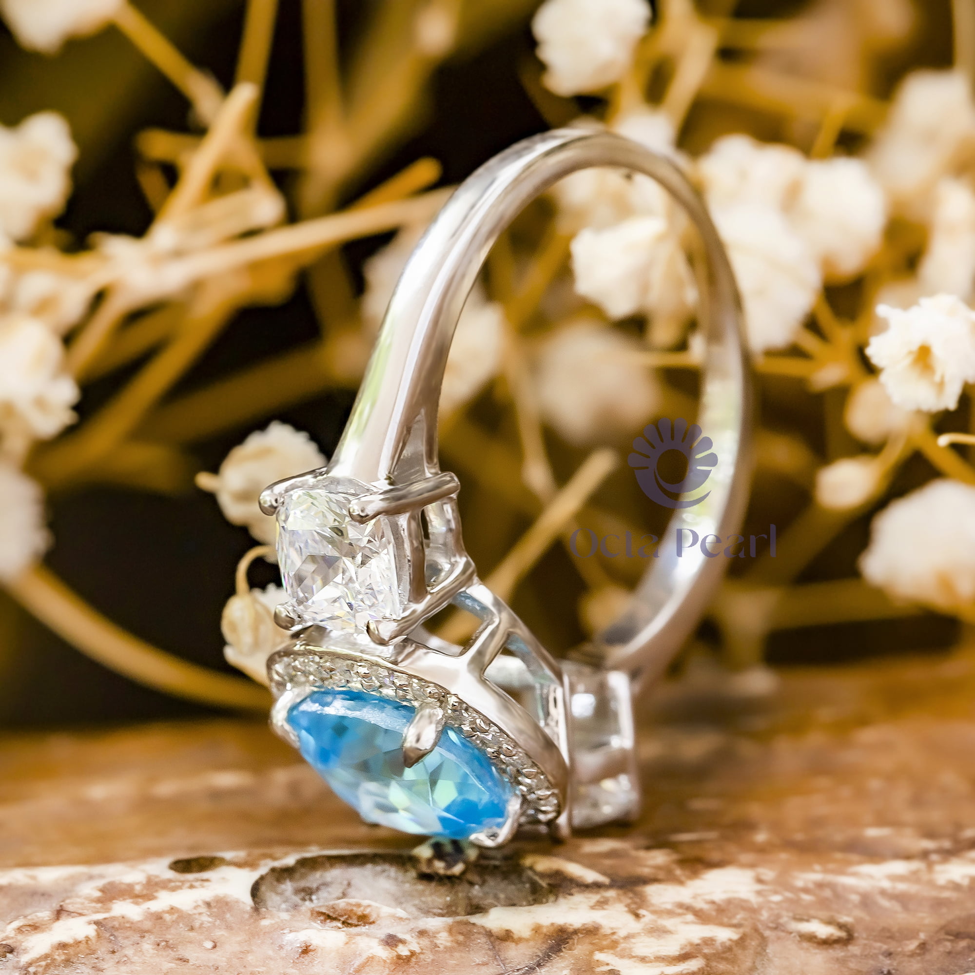 Aquamarine Tri-Stone Wedding Ring With Halo