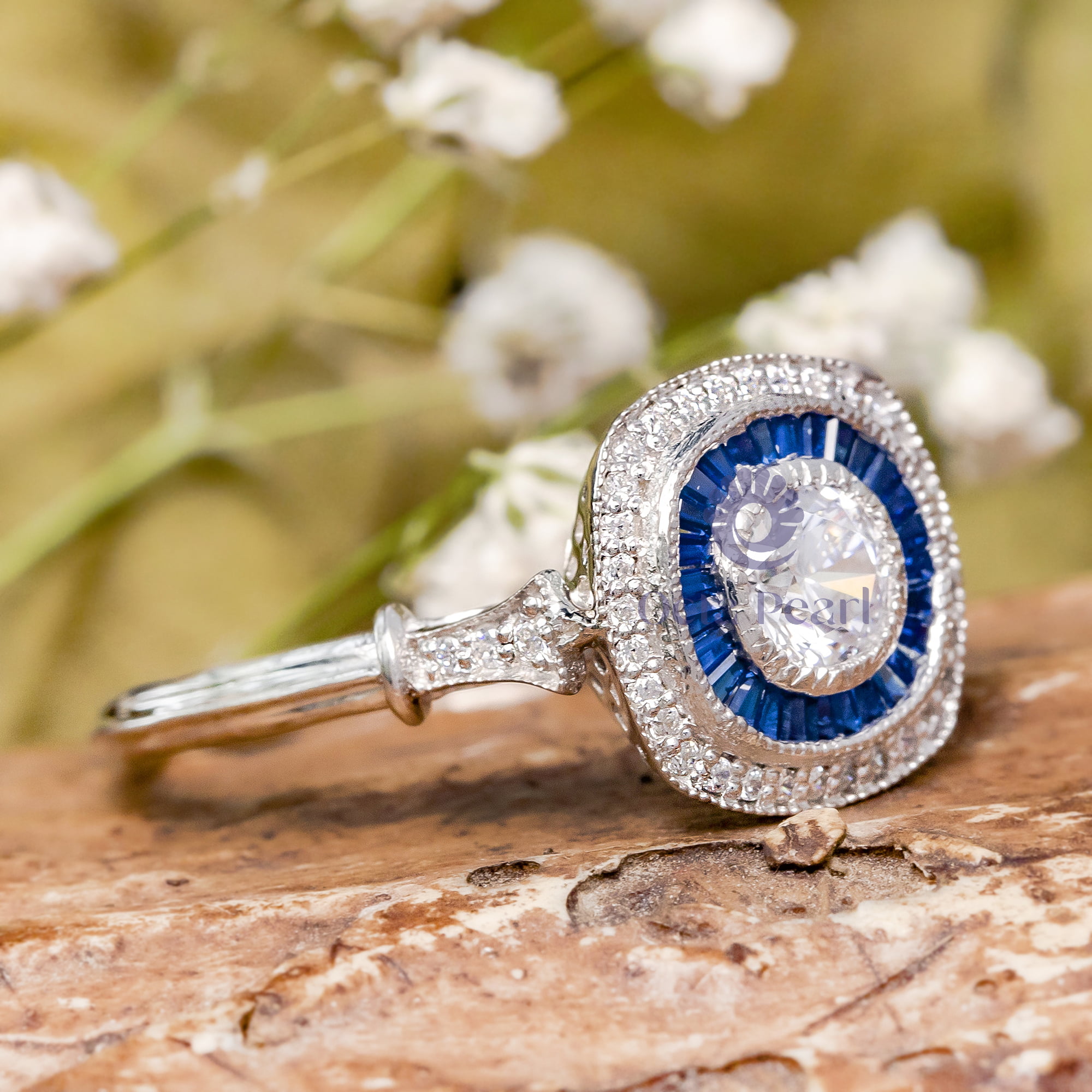 5.40 MM Round Cut & Blue Sapphire Baguette Cut CZ Stone Double Halo Art Deco Target Ring For Wedding