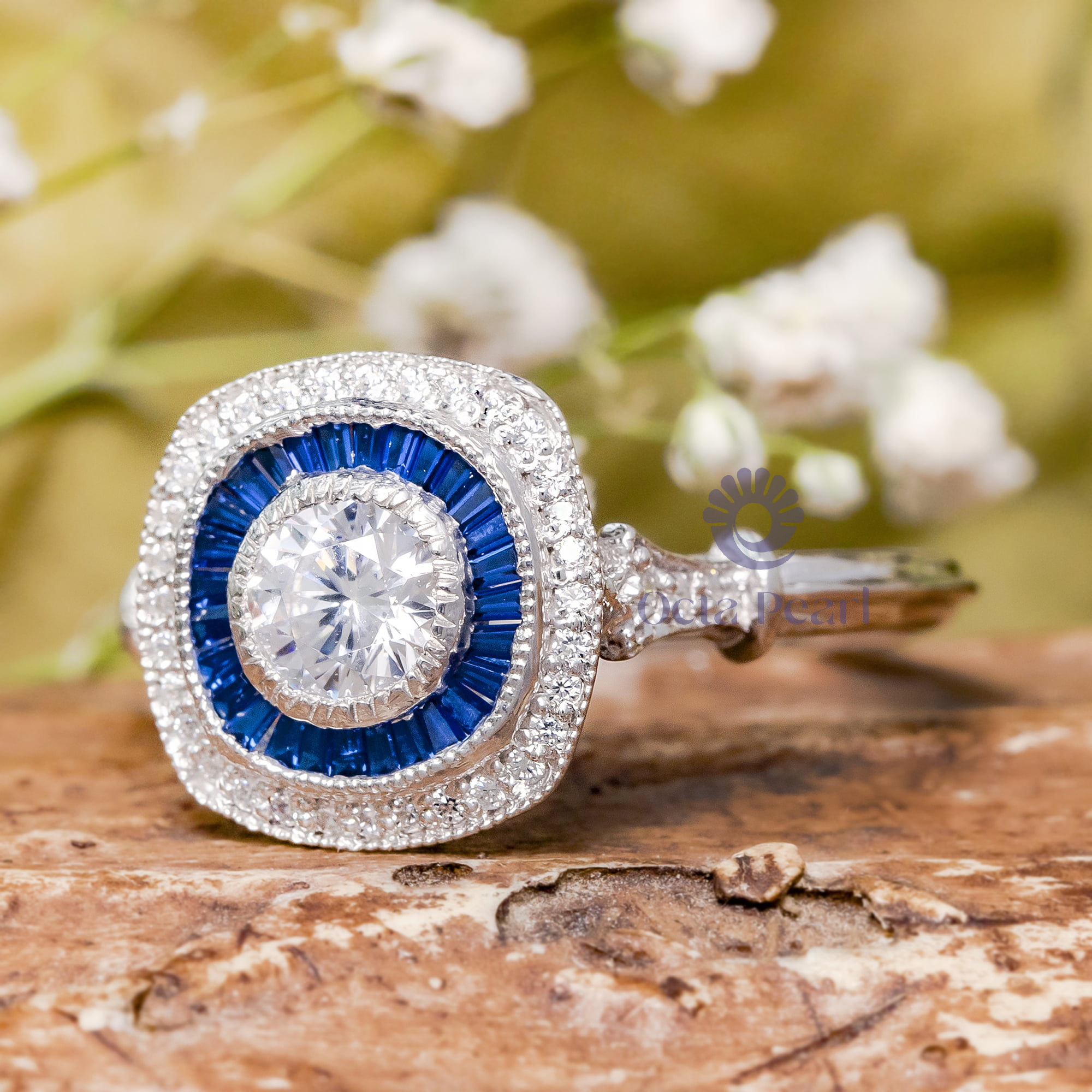 5.40 MM Round Cut & Blue Sapphire Baguette Cut CZ Stone Double Halo Art Deco Target Ring For Wedding