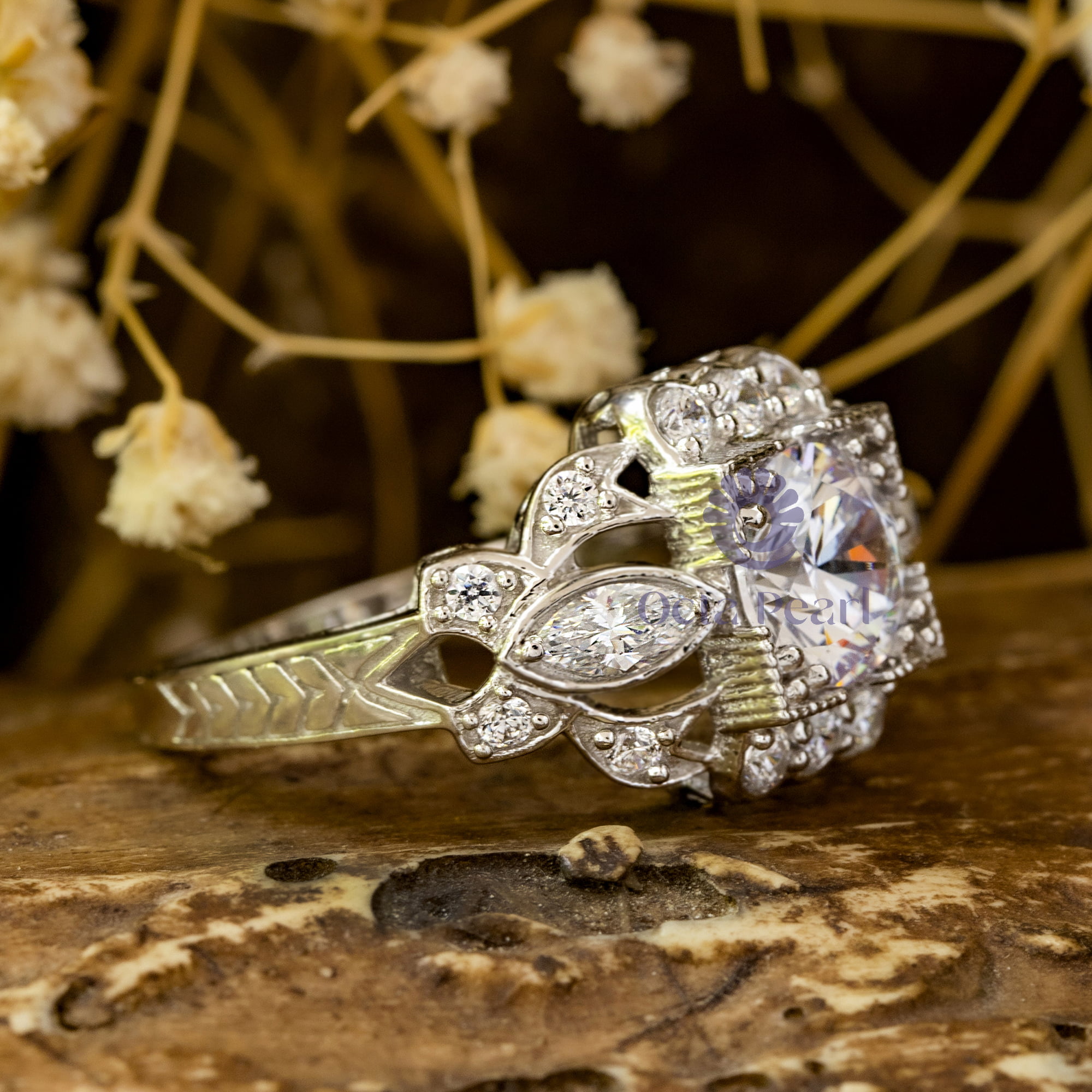Round & Marquise Cut CZ Stone Illusion Setting Three Stone Art Deco Engagement Ring
