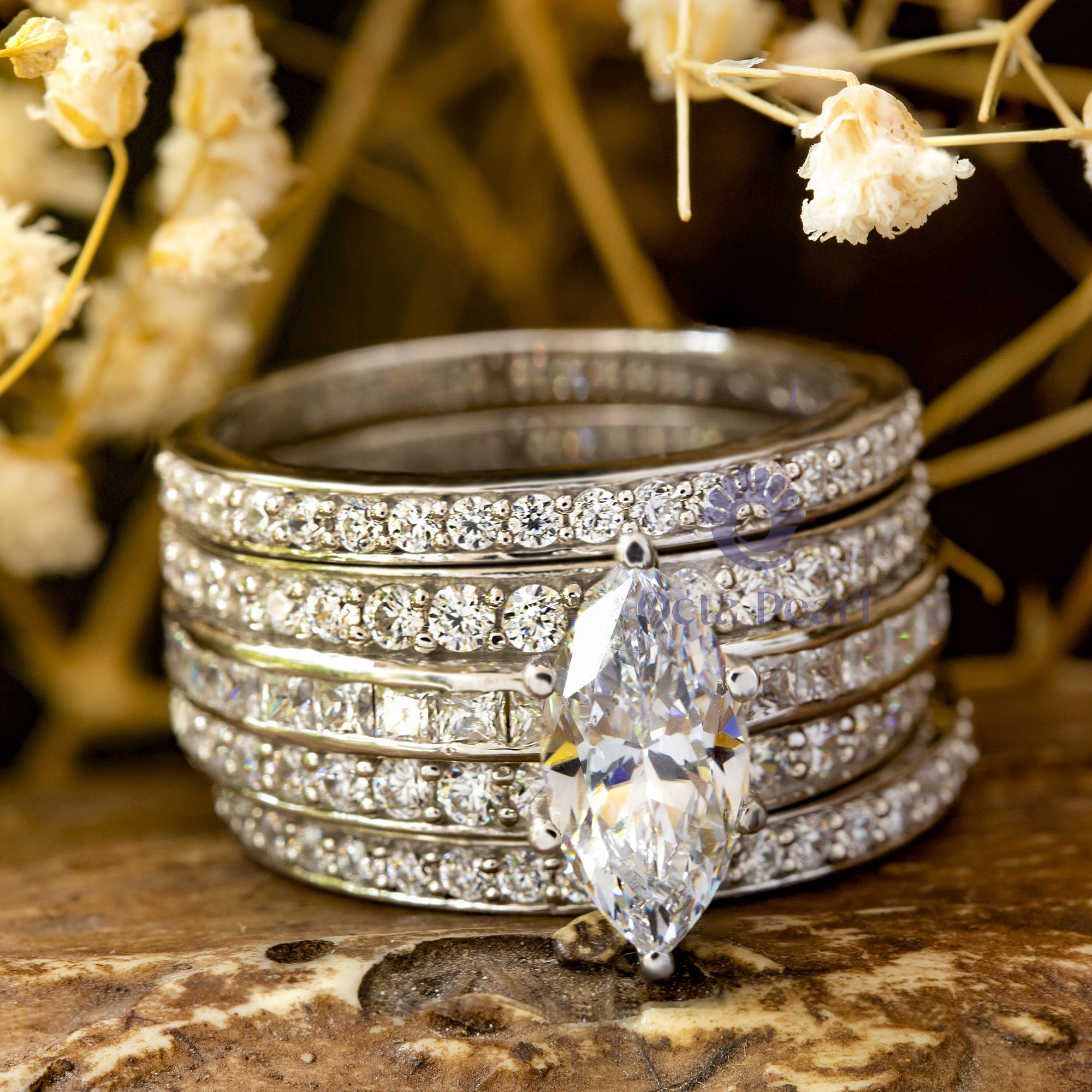 Marquise, Princess Or Round Cut CZ Stone Wedding Bridal Three-Piece Ring Set ( 4 5/7 TCW)