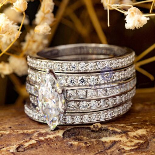 Marquise, Princess Or Round Cut CZ Stone Wedding Bridal Three-Piece Ring Set