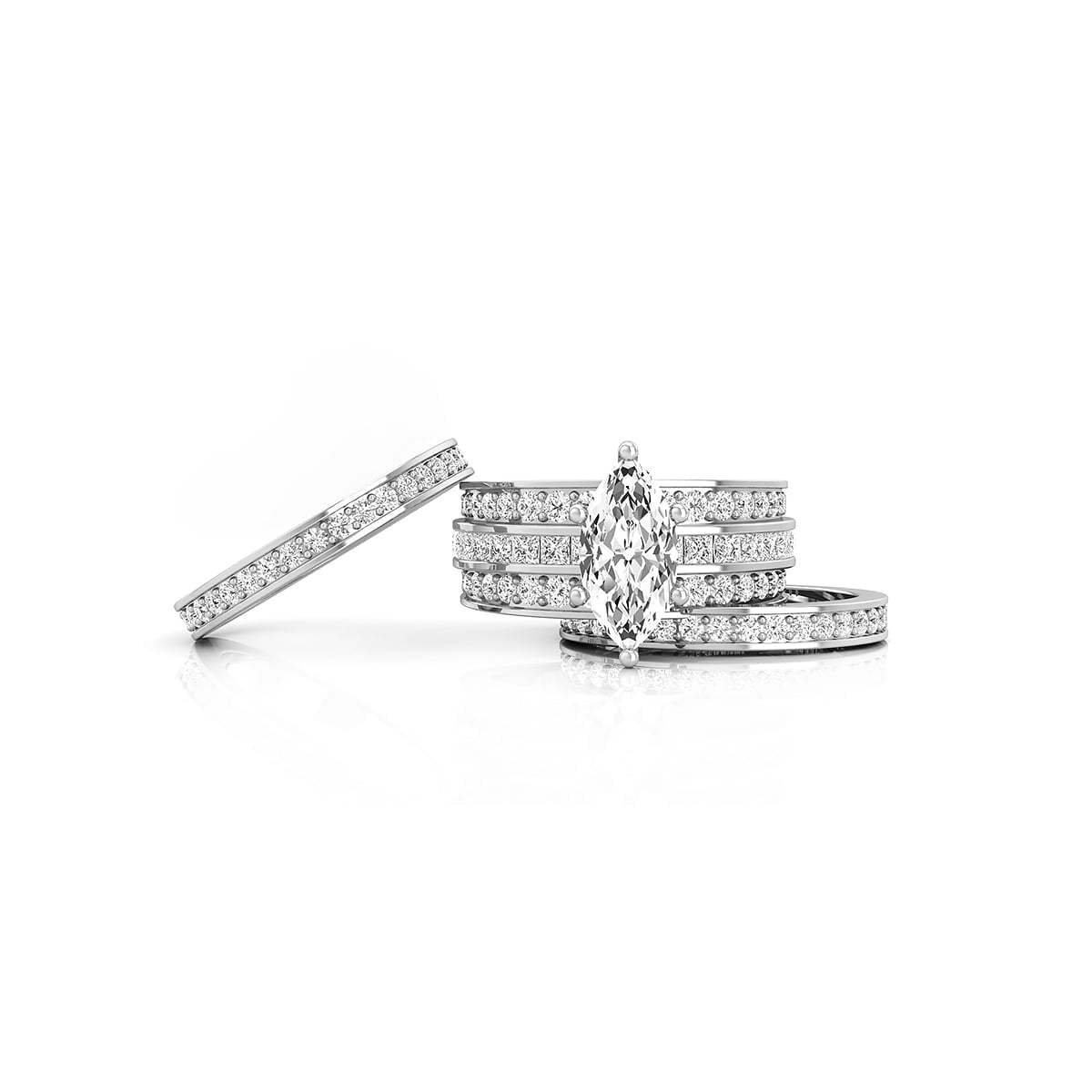 Marquise, Princess Or Round Cut CZ Stone Wedding Bridal Three-Piece Ring Set (