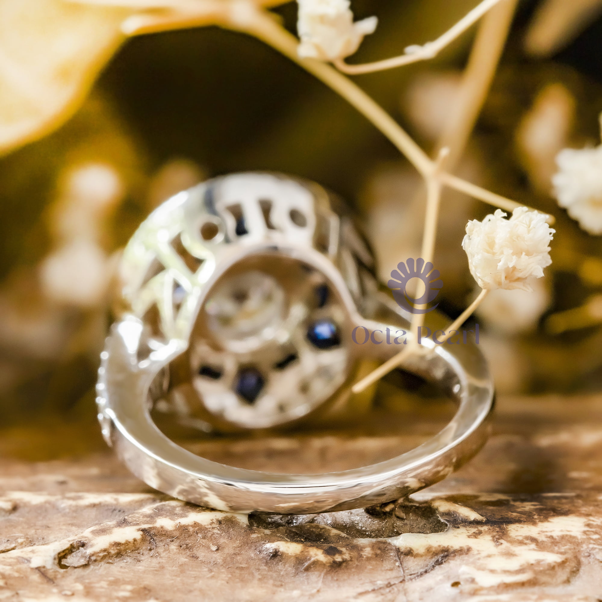 6.50 MM Round Or Baguette Cut Blue Sapphire CZ Stone Starburst Halo Vintage Art Deco Engagement Ring
