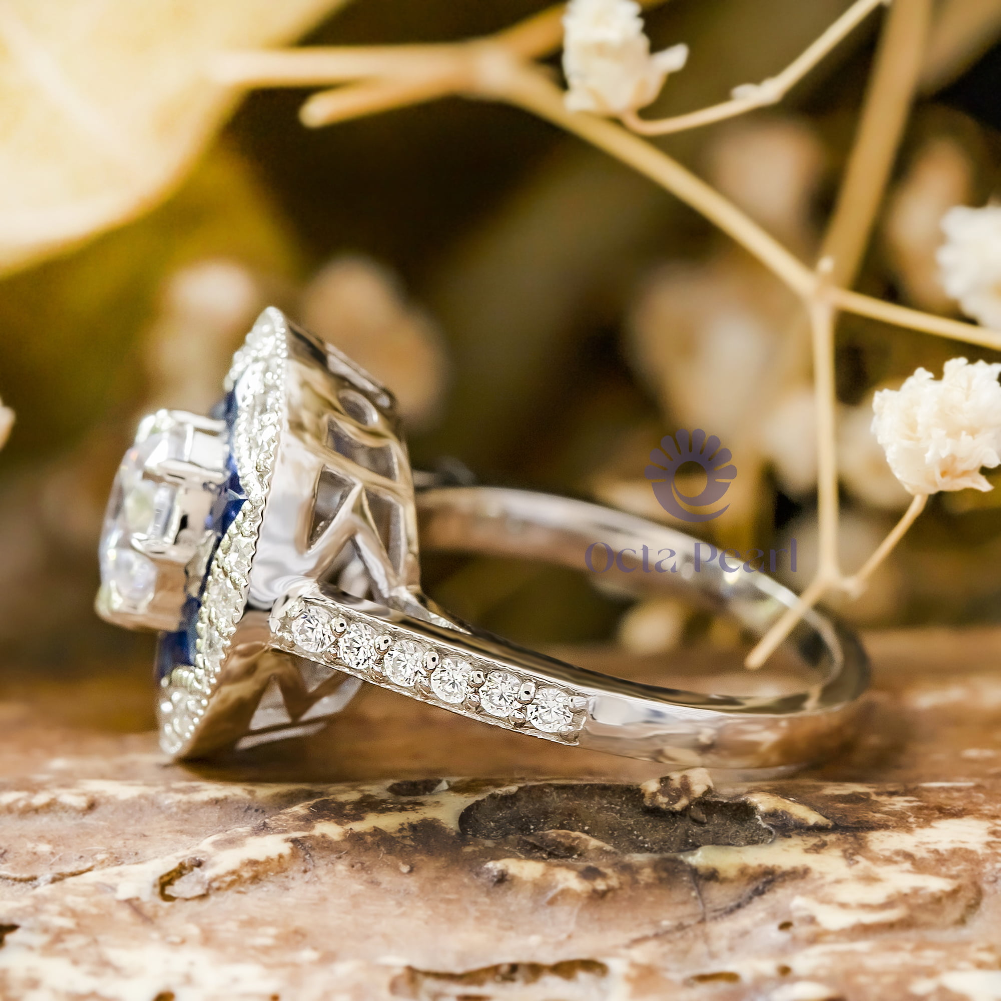 6.50 MM Round Or Baguette Cut Blue Sapphire CZ Stone Starburst Halo Vintage Art Deco Engagement Ring