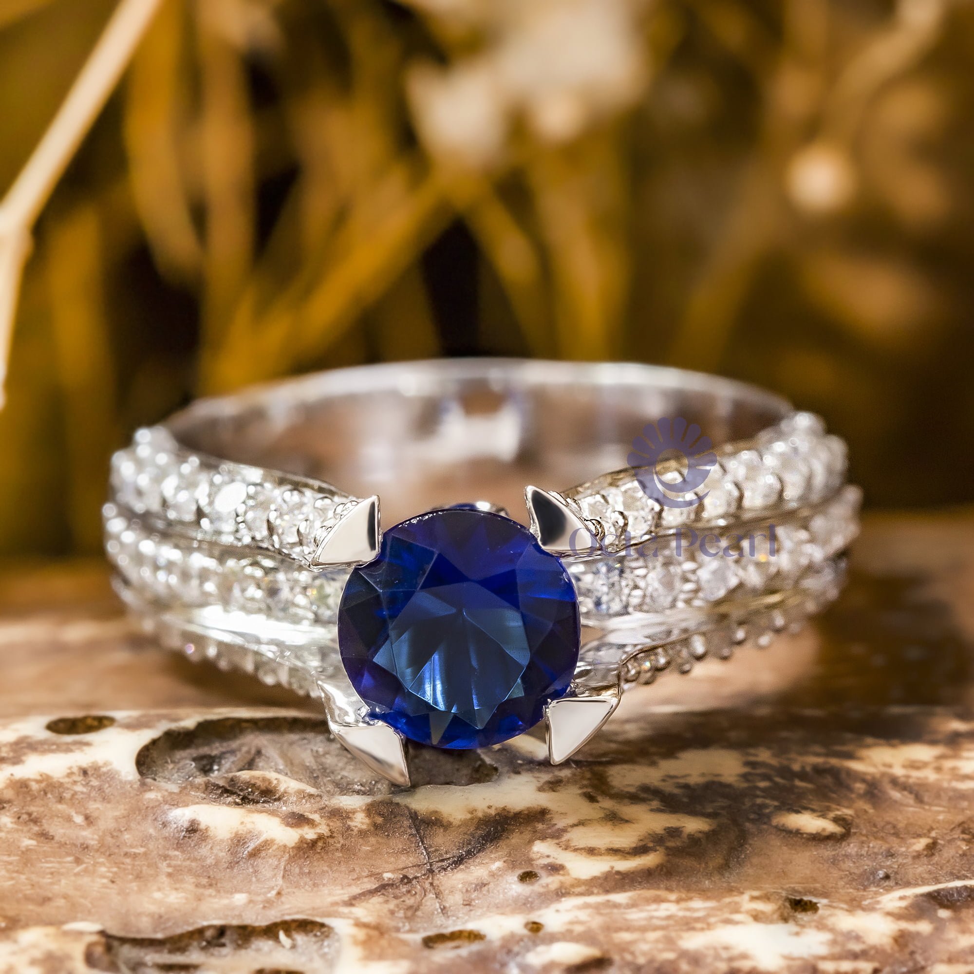 Round Cut White & Blue Sapphire CZ Stone Bridge Shank Wedding Gift Ring For Women ( 2 2/5 TCW)