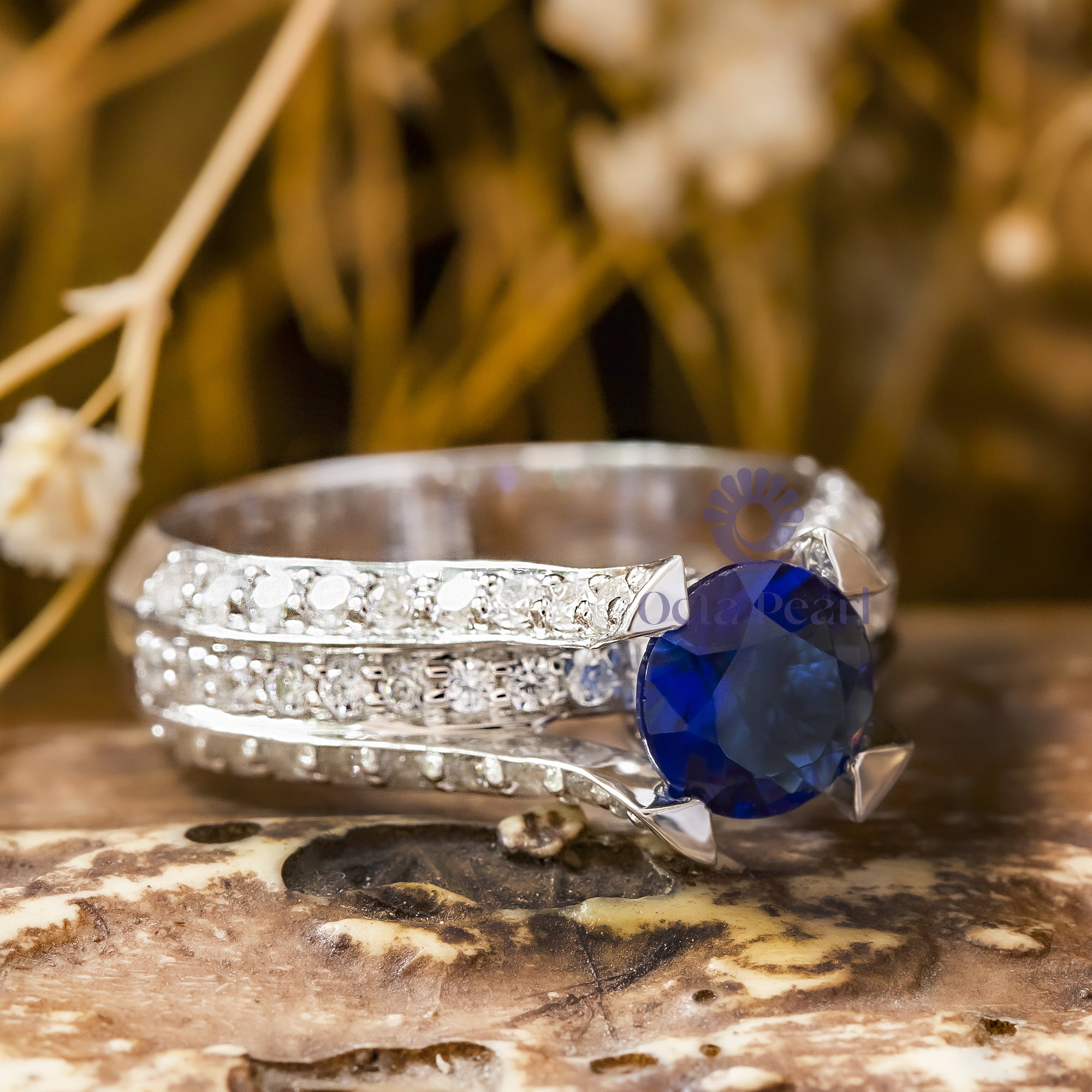 Round Cut White & Blue Sapphire CZ Stone Bridge Shank Wedding Gift Ring For Women ( 2 2/5 TCW)