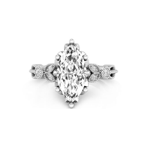 Marquise Cut Moissanite Milgrain Leaf Motif Art Deco Engagement Ring