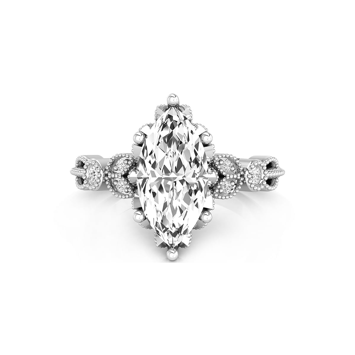 Marquise Cut Moissanite Milgrain Leaf Motif Art Deco Engagement Ring ( 2 2/13 TCW)
