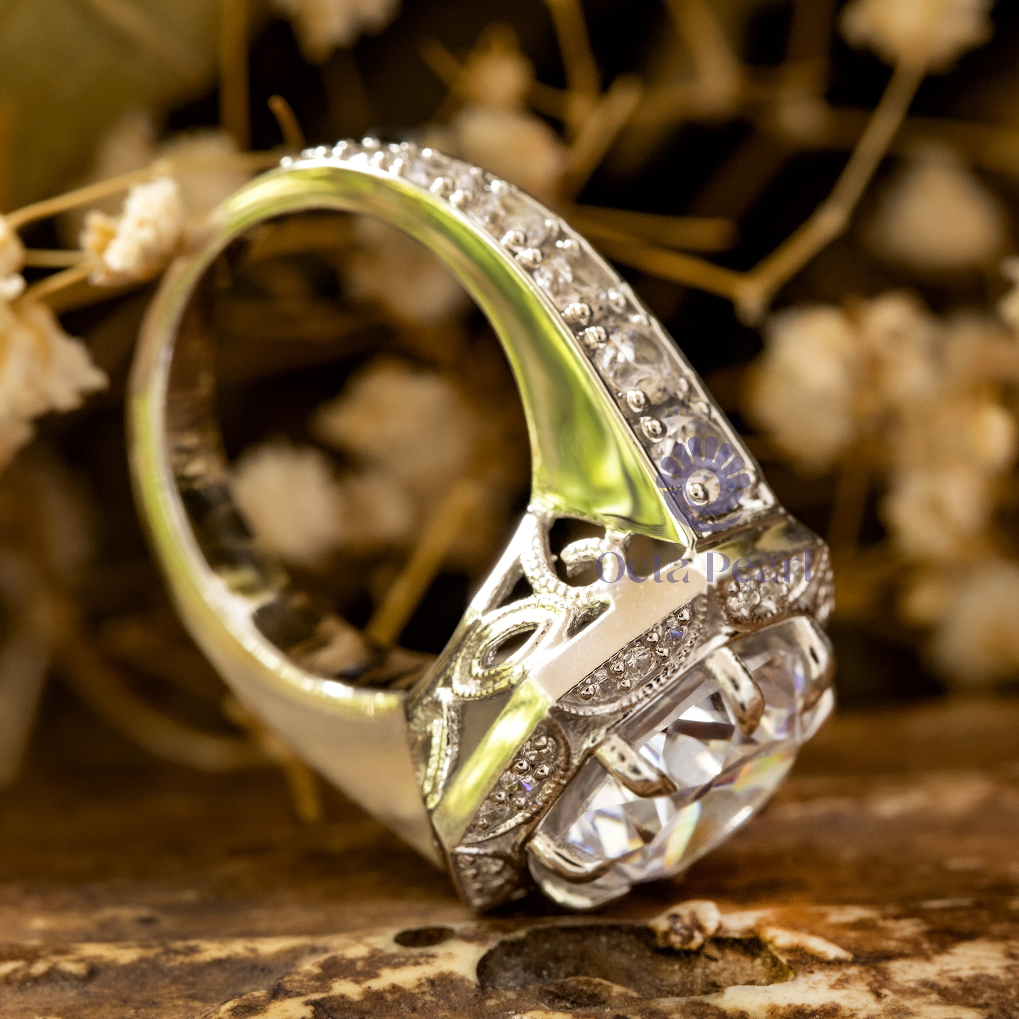 Round Cut Moissanite Octagon Halo Set Art Deco Edwardian Wedding Ring (6 3/10 TCW)