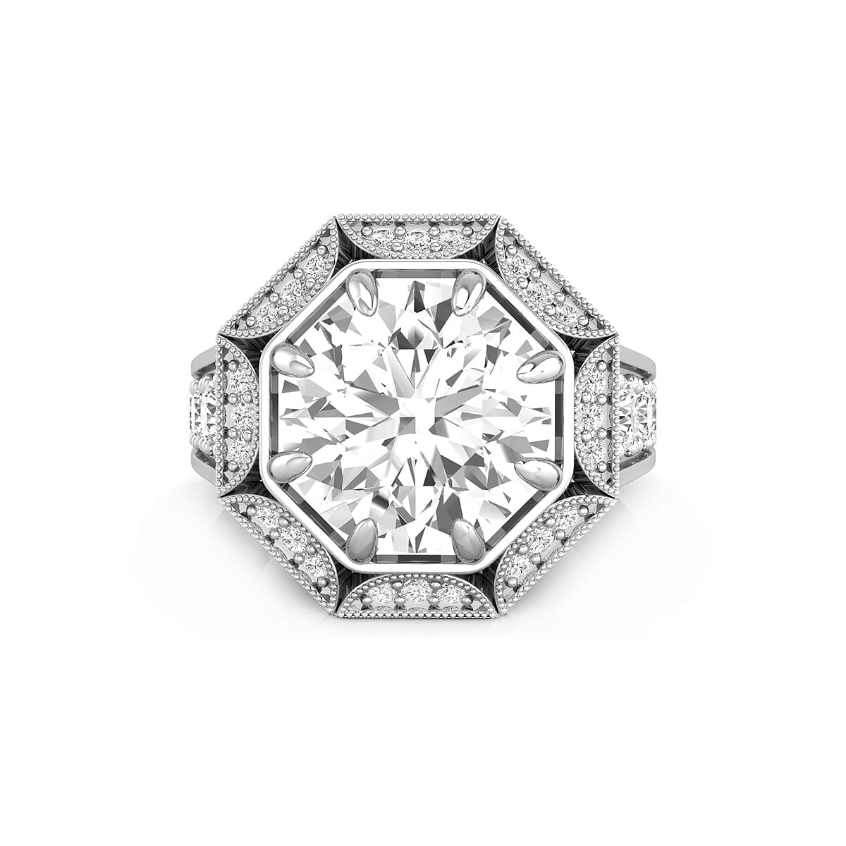 Round Cut Moissanite ring with octagon halo for women