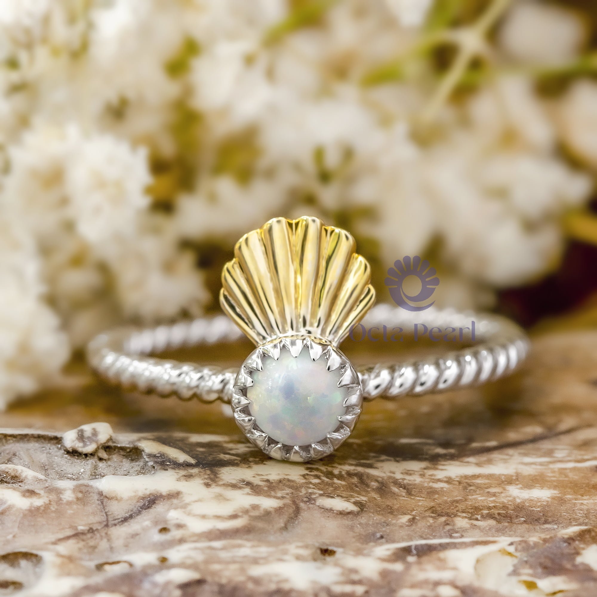 Opal Gemstone Mermaid Shell Crown Solitaire Engagement Ring