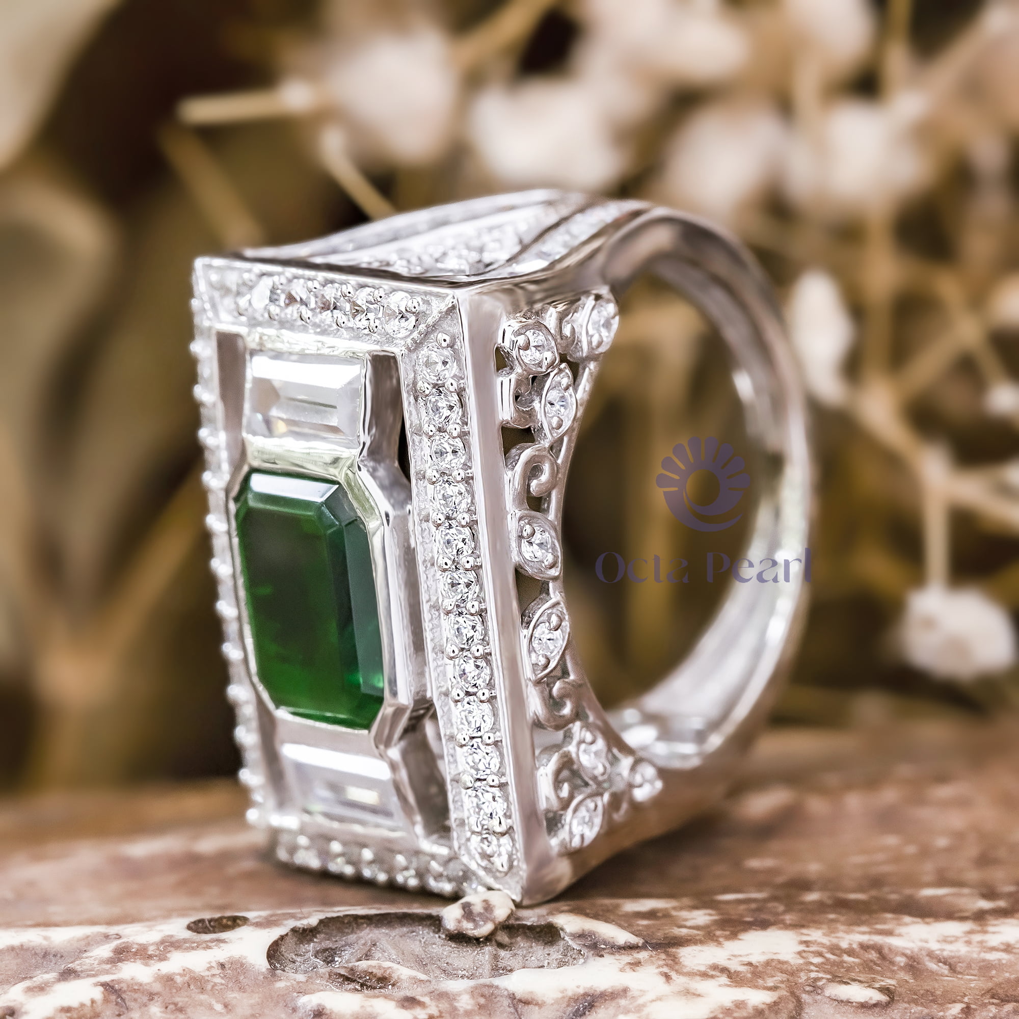 9X7 MM Green Emerald Cut CZ Three Stone Filigree Vintage Art Deco Engagement Ring