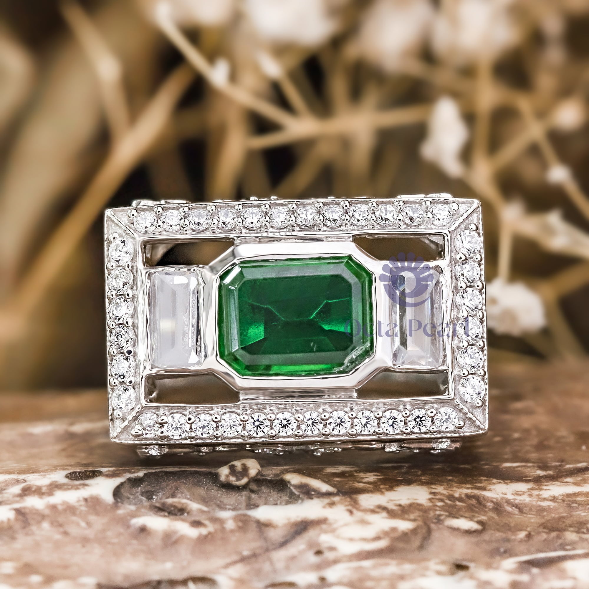 Green Emerald Cut CZ Three Stone Filigree Vintage Art Deco Engagement Ring