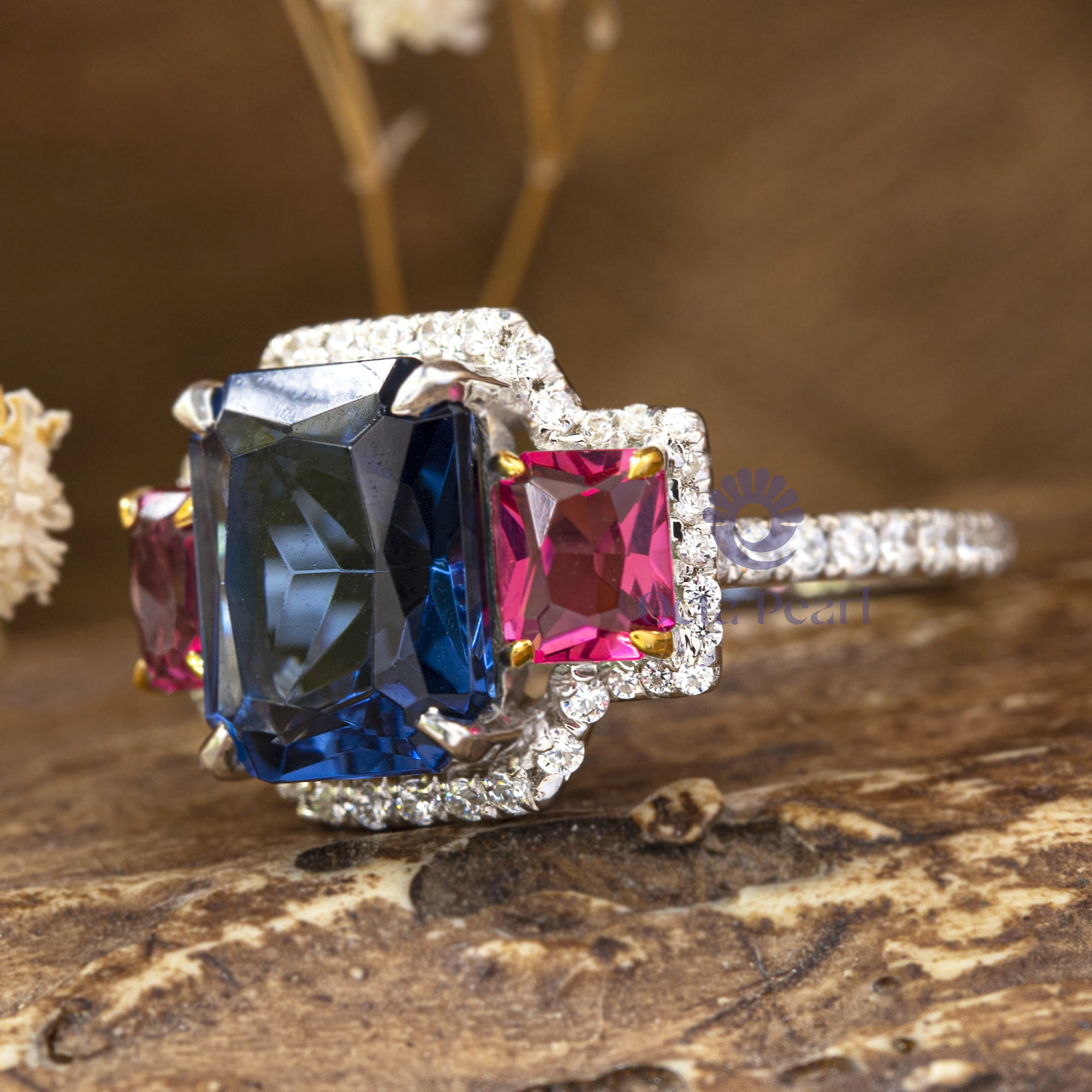 Blue Sapphire & Pink Ruby Radiant Cut CZ Three Stone Halo Wedding Engagement Ring ( 4 9/10 TCW)