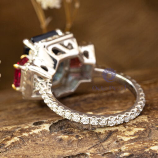 Blue Sapphire & Pink Radiant Cut CZ Three Stone Halo Wedding Engagement Ring