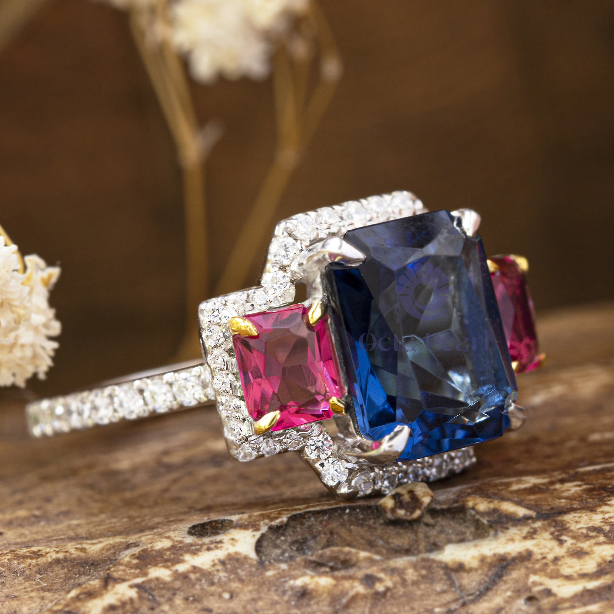 Blue Sapphire & Pink Radiant Cut CZ Three Stone Halo Wedding Engagement Ring ( 4 9/10 TCW)
