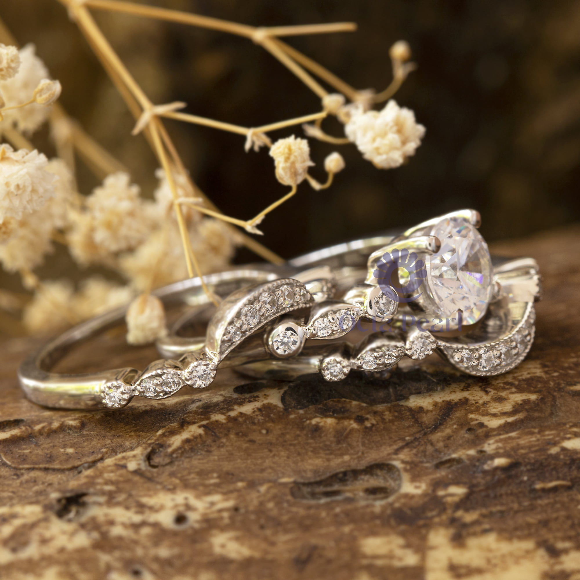 Round Cut Moissanite Milgrain Art Deco Wedding Bridal 3 Piece Ring Set (1 5/8 TCW)