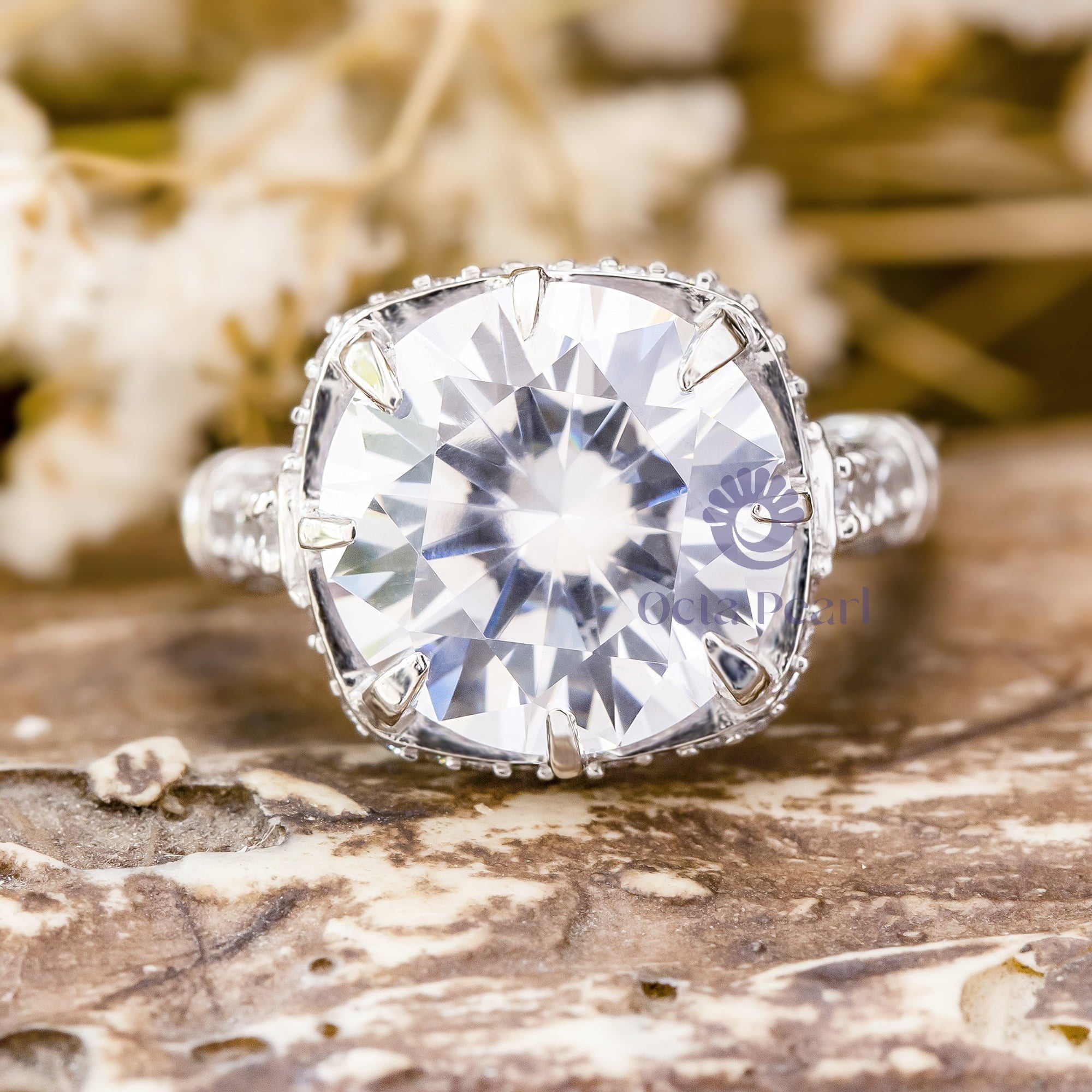 Moissanite Hidden Halo Vintage Style Engagement Ring For Women