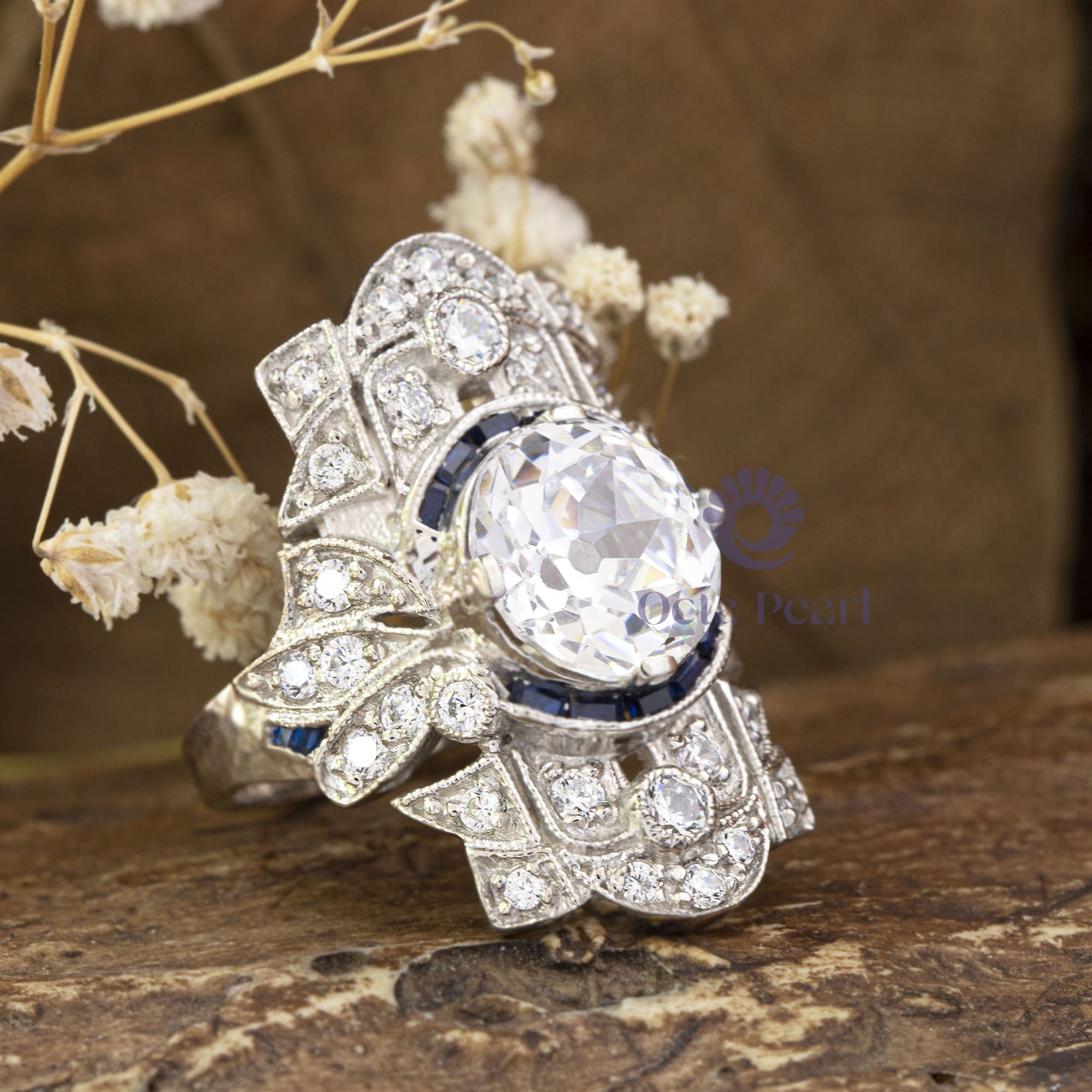 10 MM Old European Cut & Blue Baguette CZ Stone Vintage Art Deco Wedding Bridal Ring