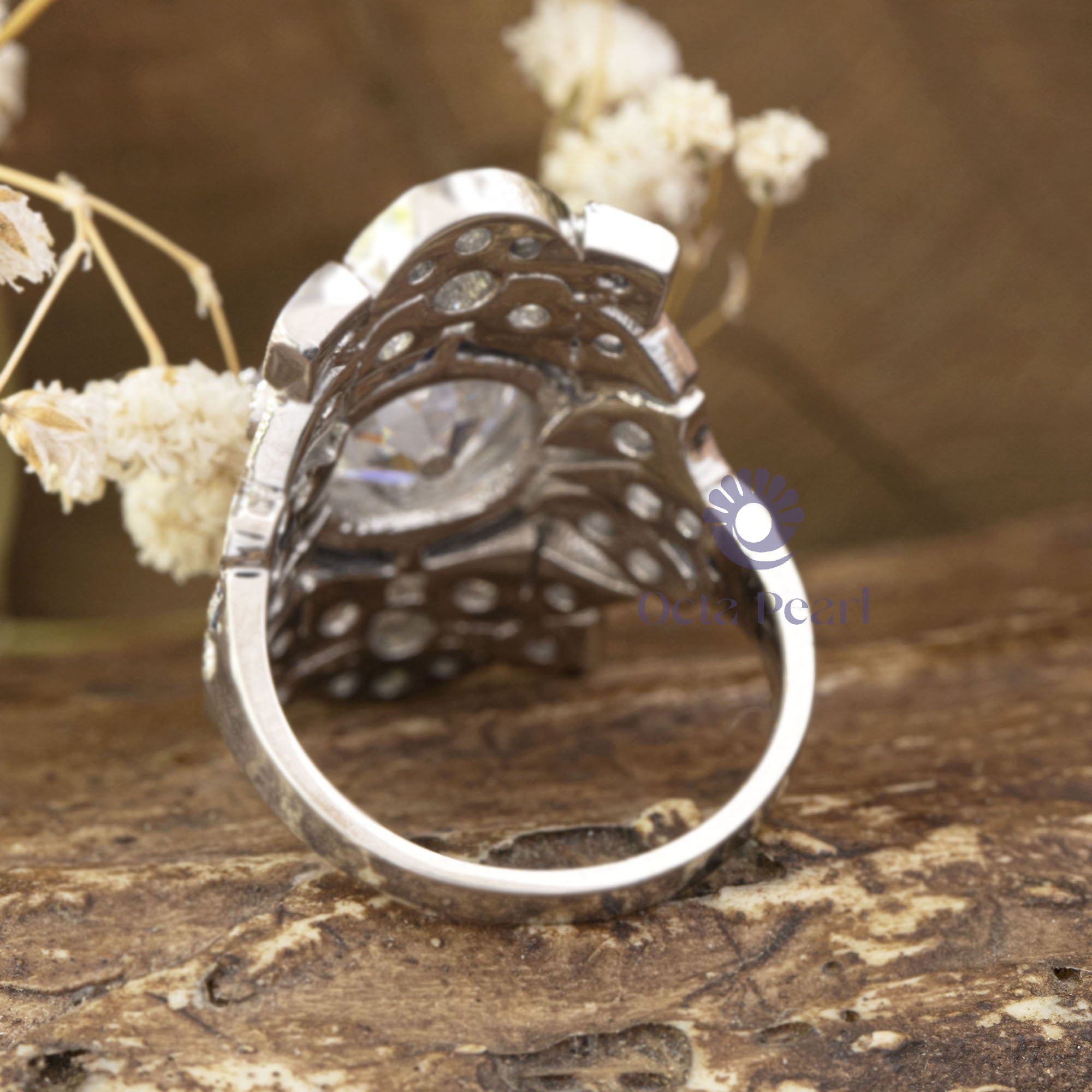 10 MM Old European Cut & Blue Baguette CZ Stone Vintage Art Deco Wedding Bridal Ring