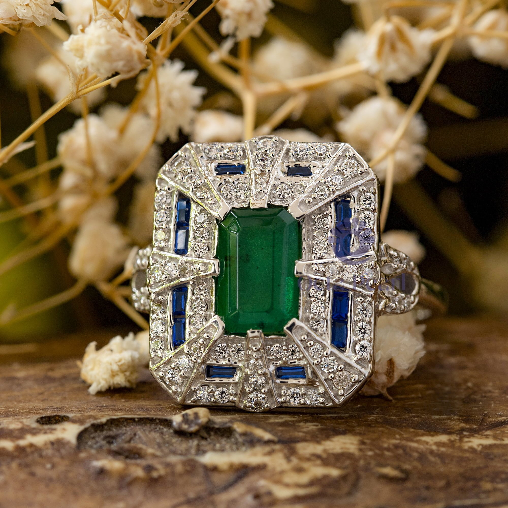 Green Emerald Cut CZ Stone Vintage Art Deco Square Fold Wedding Engagement Ring