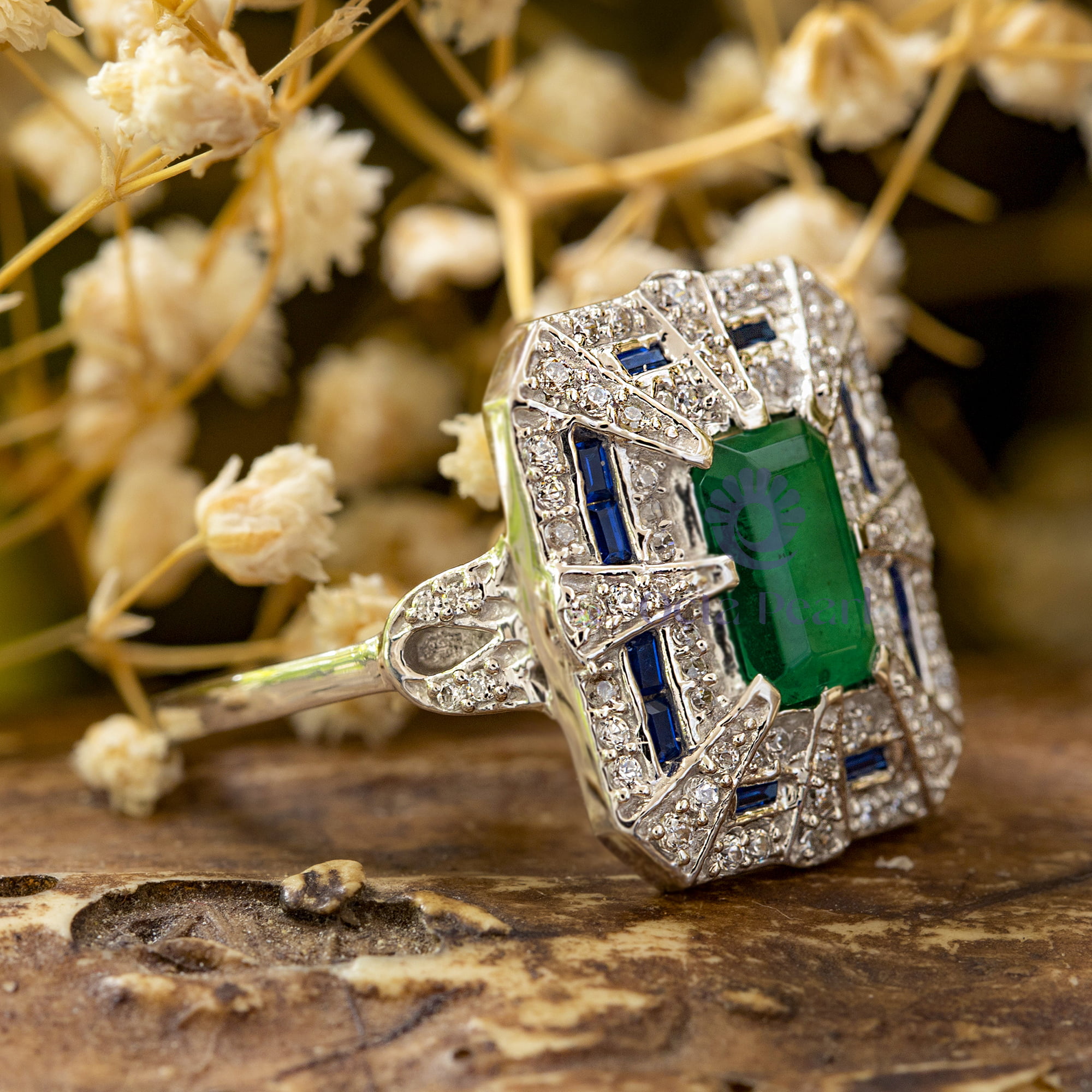 Green Emerald Cut CZ Stone Vintage Art Deco Square Fold Wedding Engagement Ring