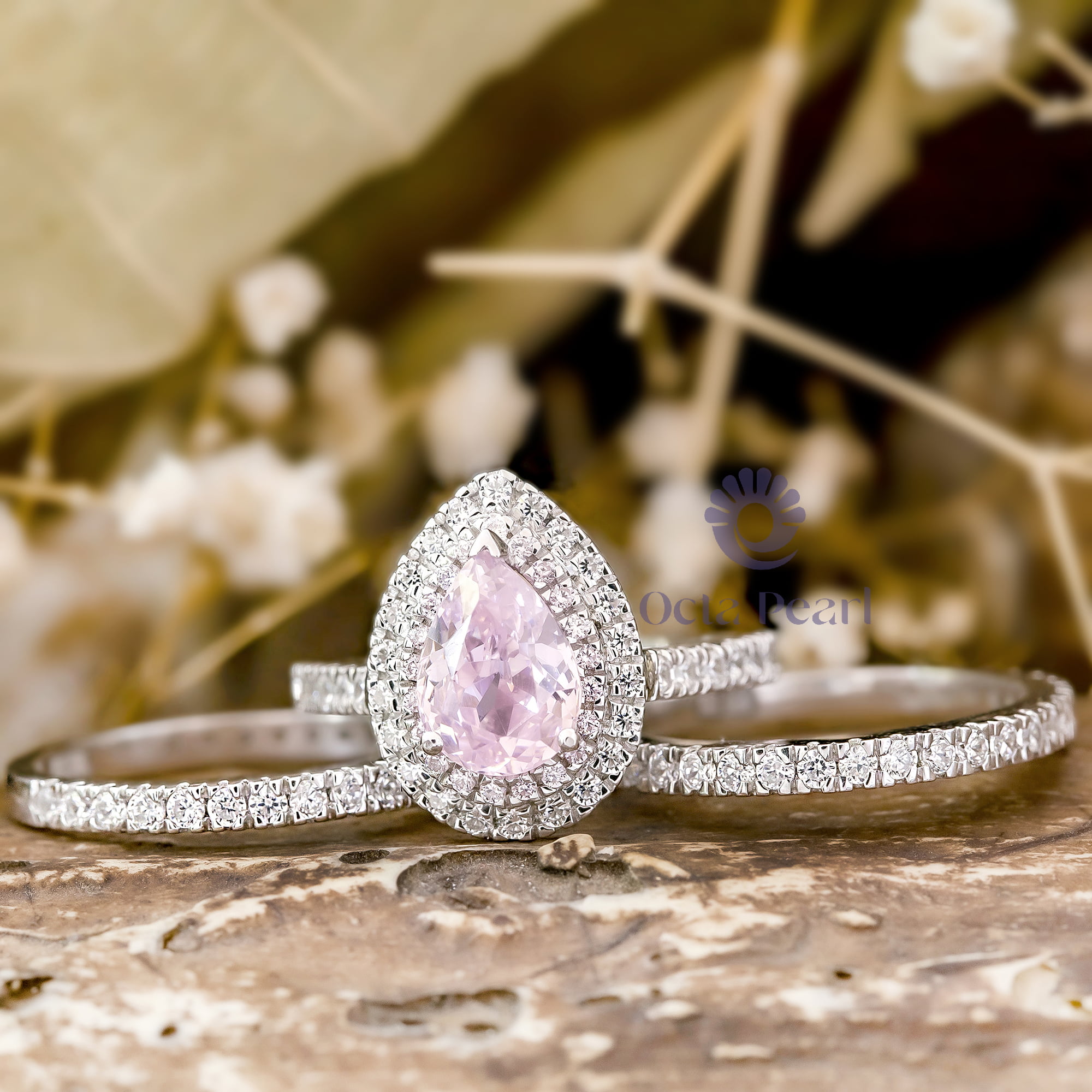 Pink Pear Cut CZ Stone Double Halo Set Solitaire With Accent Stackable Ring Set (3 2/5 TCW)