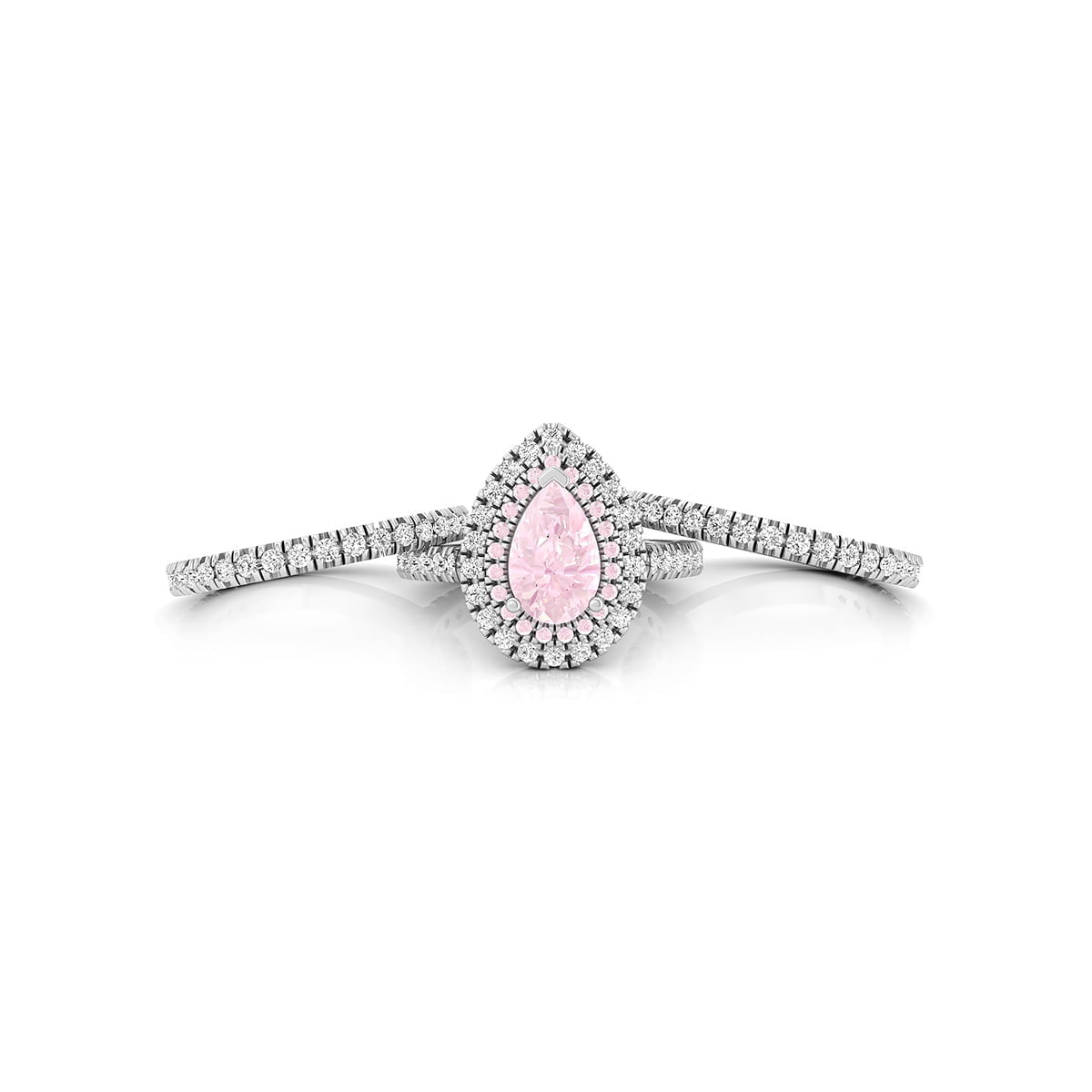Pink Pear Cut CZ Stone Double Halo Set Solitaire With Accent Stackable Ring Set (3 2/5 TCW)